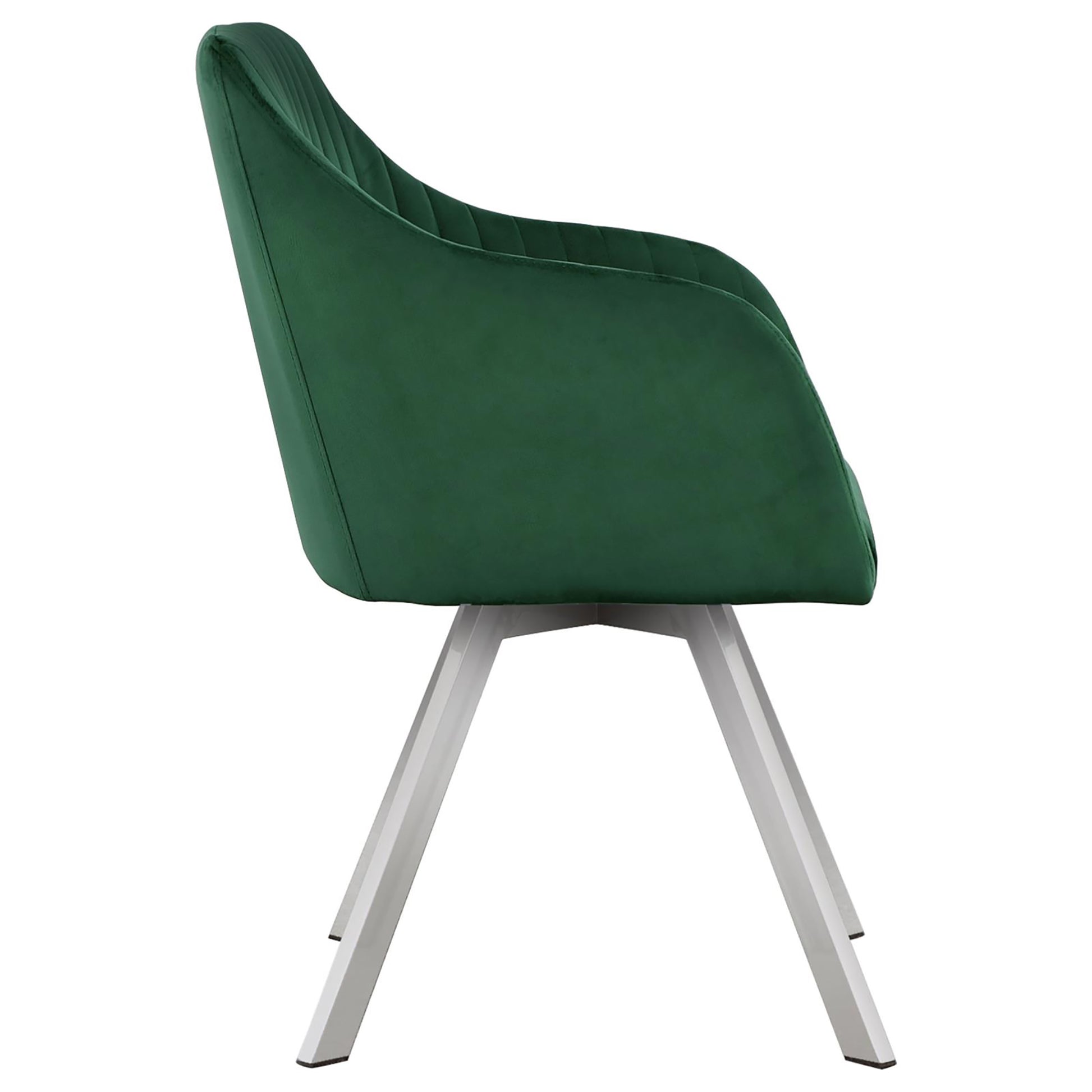 Emerald green velvet accent chair with quilted back and brushed metal legs