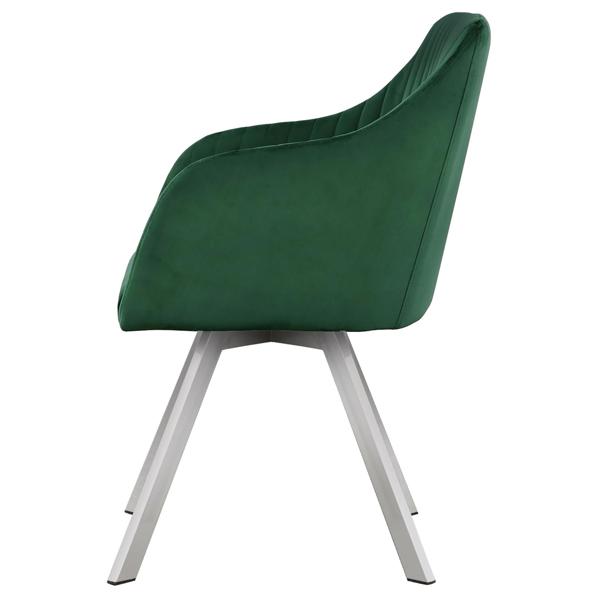 Emerald green velvet accent chair with tufted back and silver metal legs