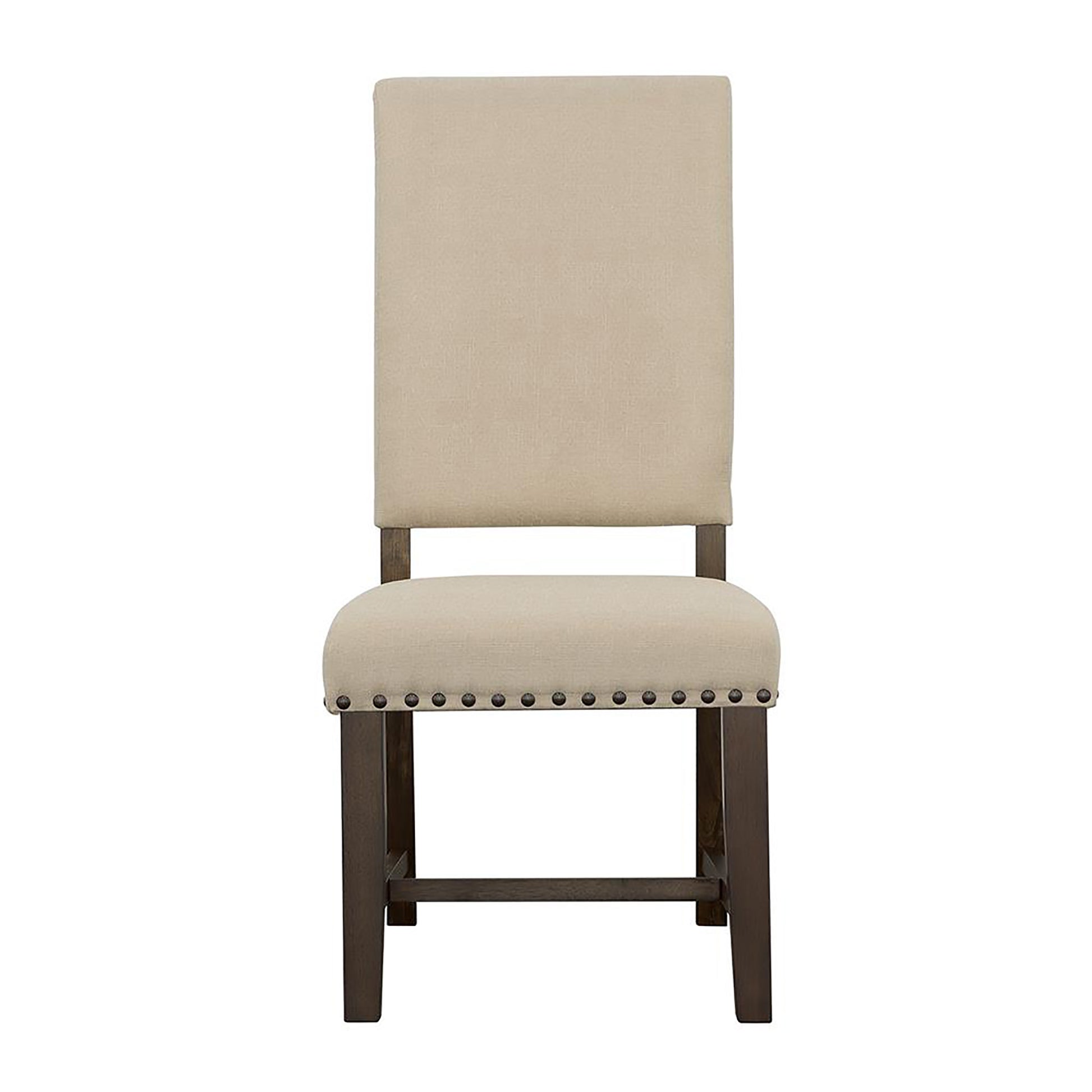Upholstered dining chair with a neutral beige fabric and dark wood legs