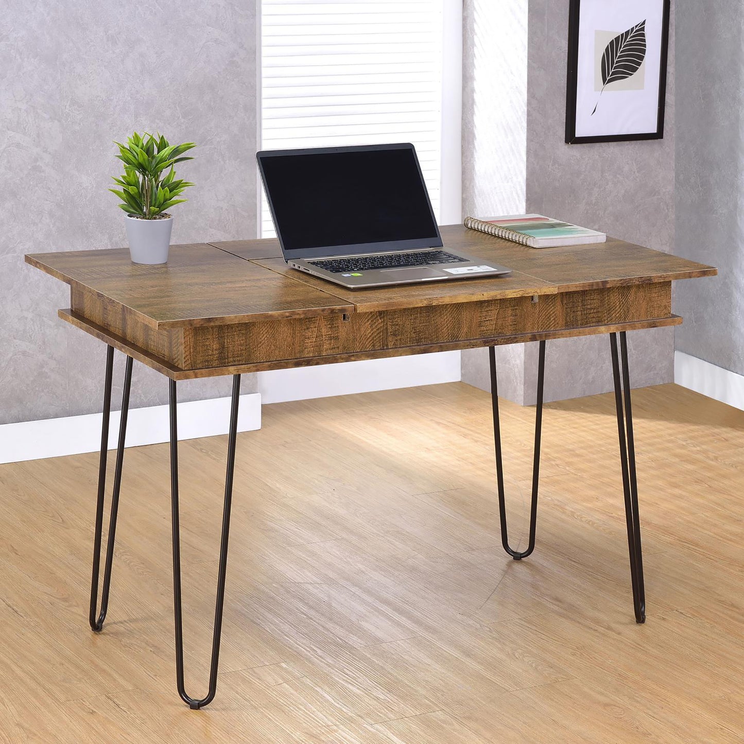 Rustic wood desk with hairpin legs ideal for a home office workspace