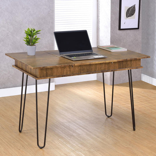 Rustic wood desk with hairpin legs ideal for a home office workspace