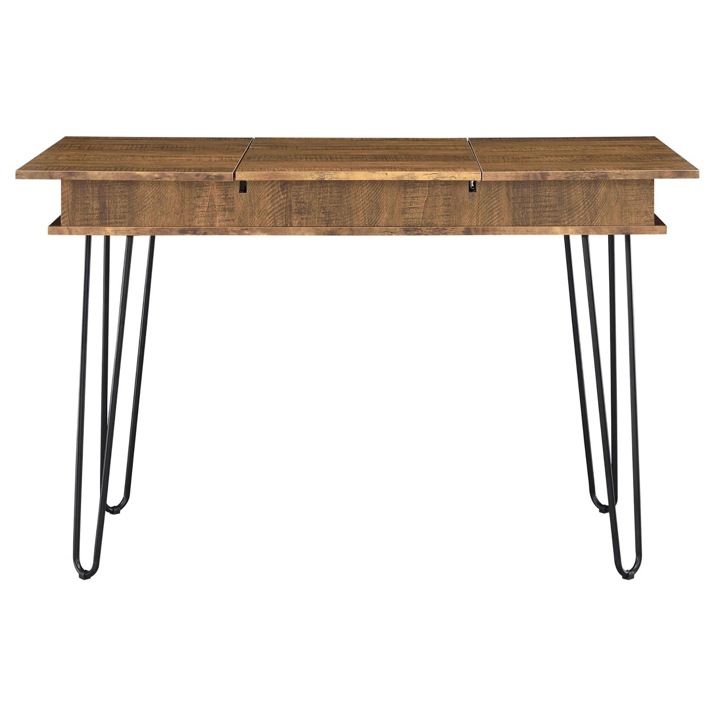 Rustic wood writing desk with black hairpin legs and two hidden drawers