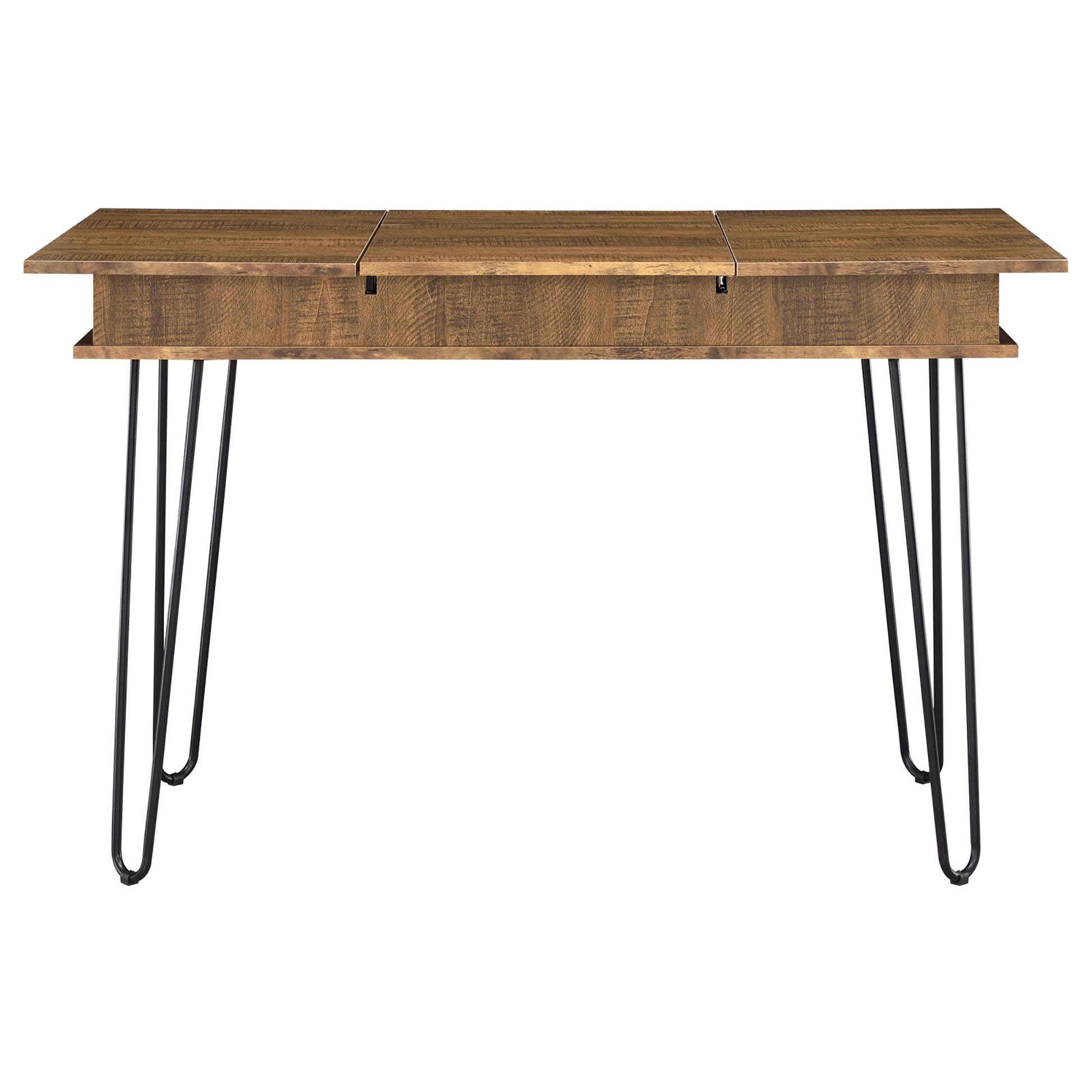 Rustic wood writing desk with black hairpin legs and two hidden drawers