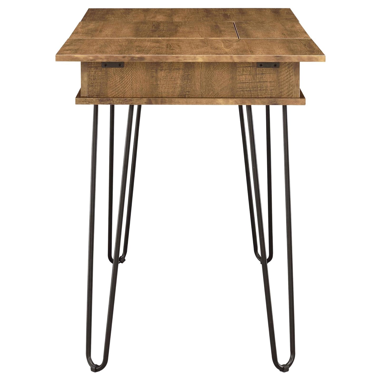 Rustic brown wood desk with metal hairpin legs and a single drawer
