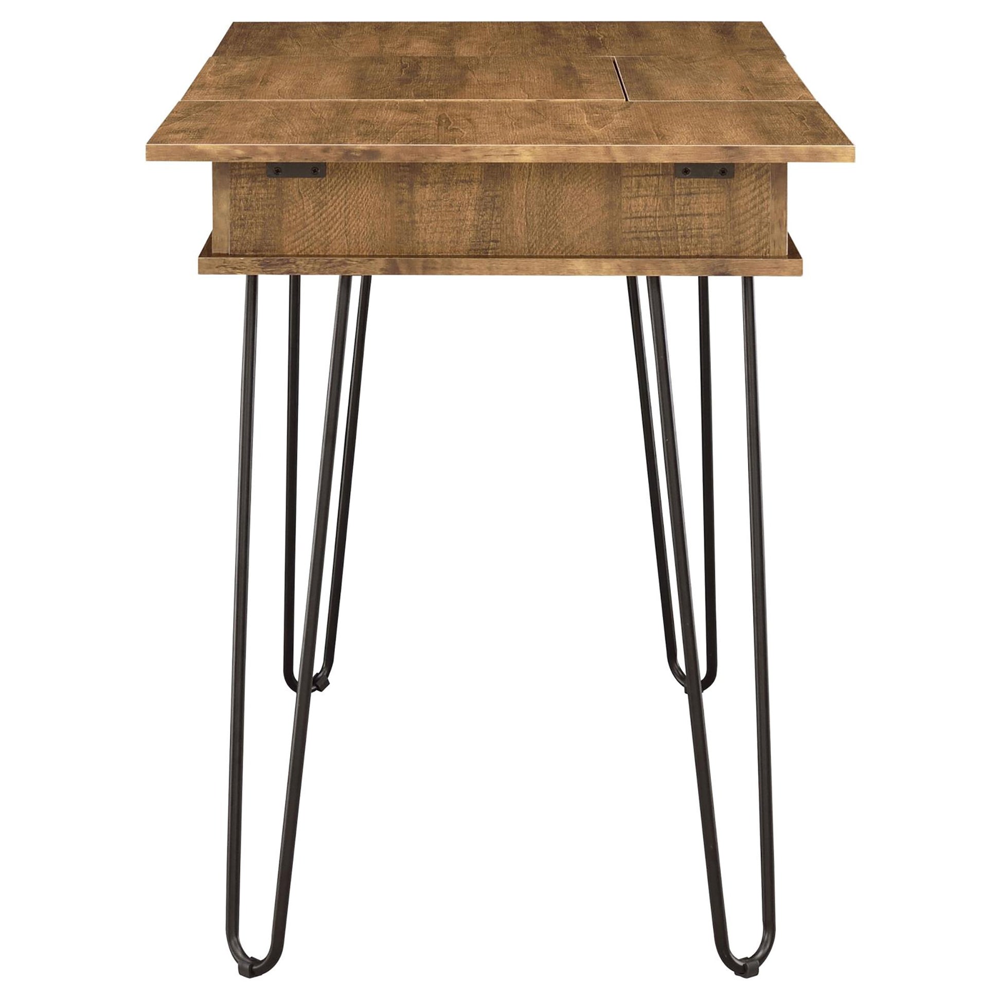Rustic brown wood desk with metal hairpin legs and a single drawer