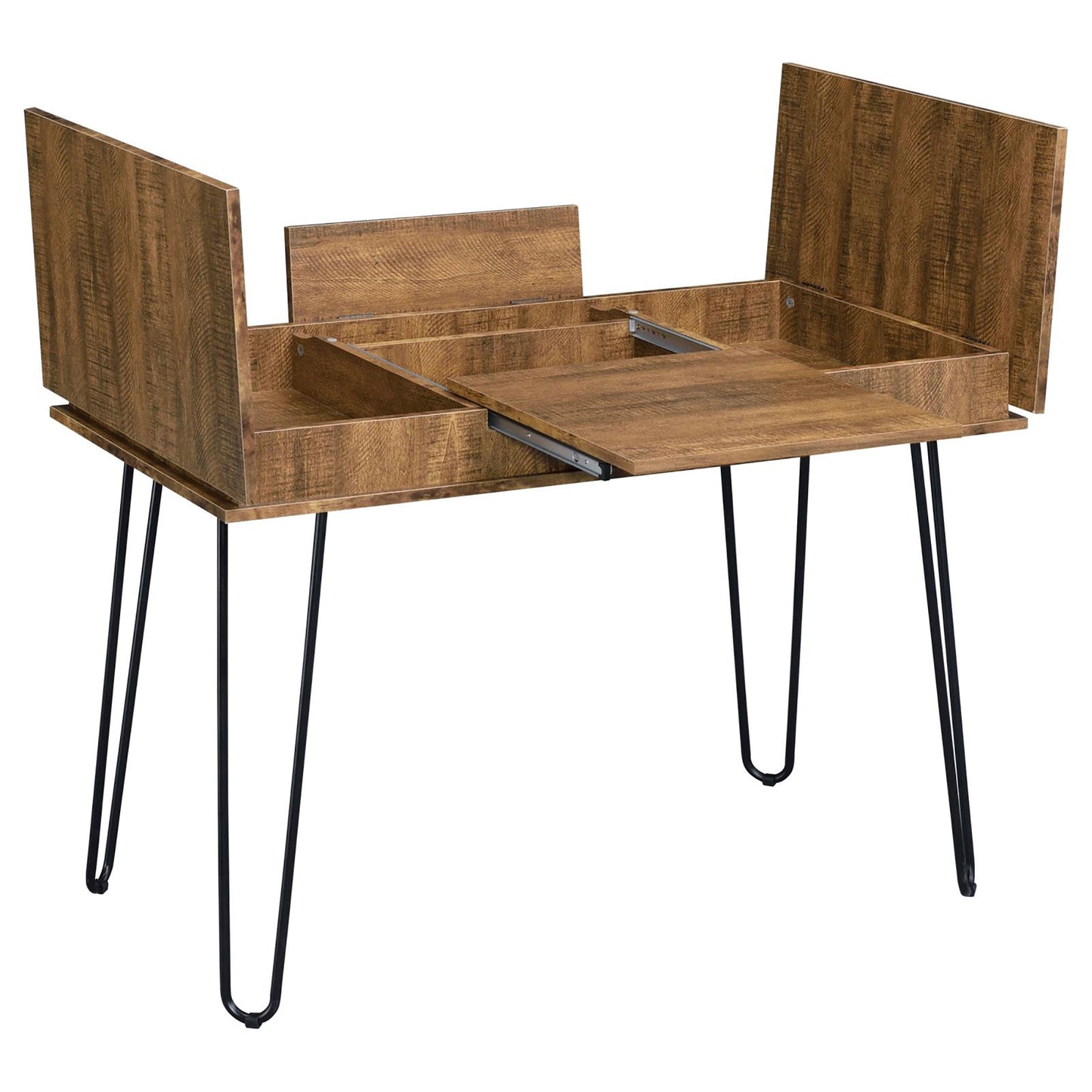 Rustic brown expanding desk with slideout tabletop and hairpin legs