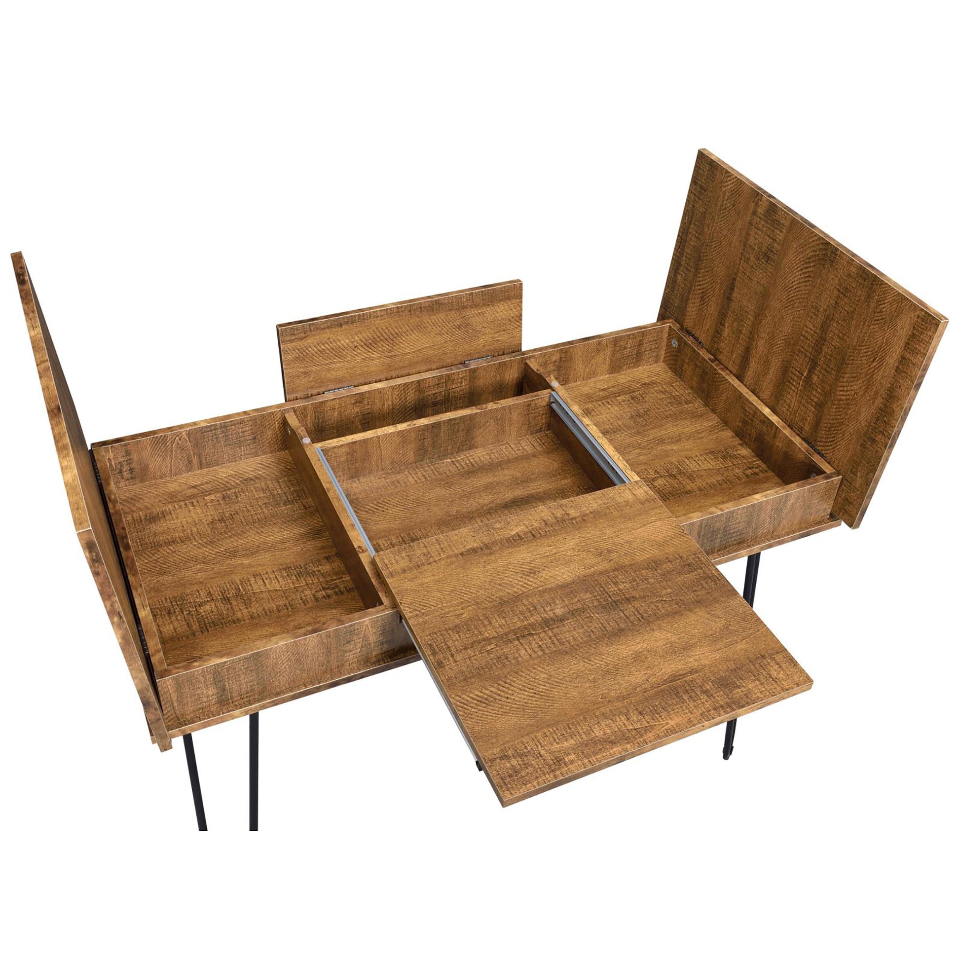 Rustic wood bar cart with multiple compartments and pullout shelves for entertaining