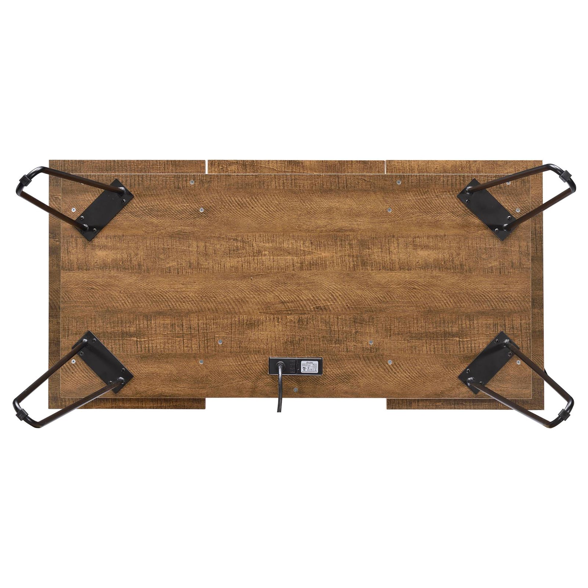 Rustic brown wood desk with black metal hairpin legs and integrated power outlet