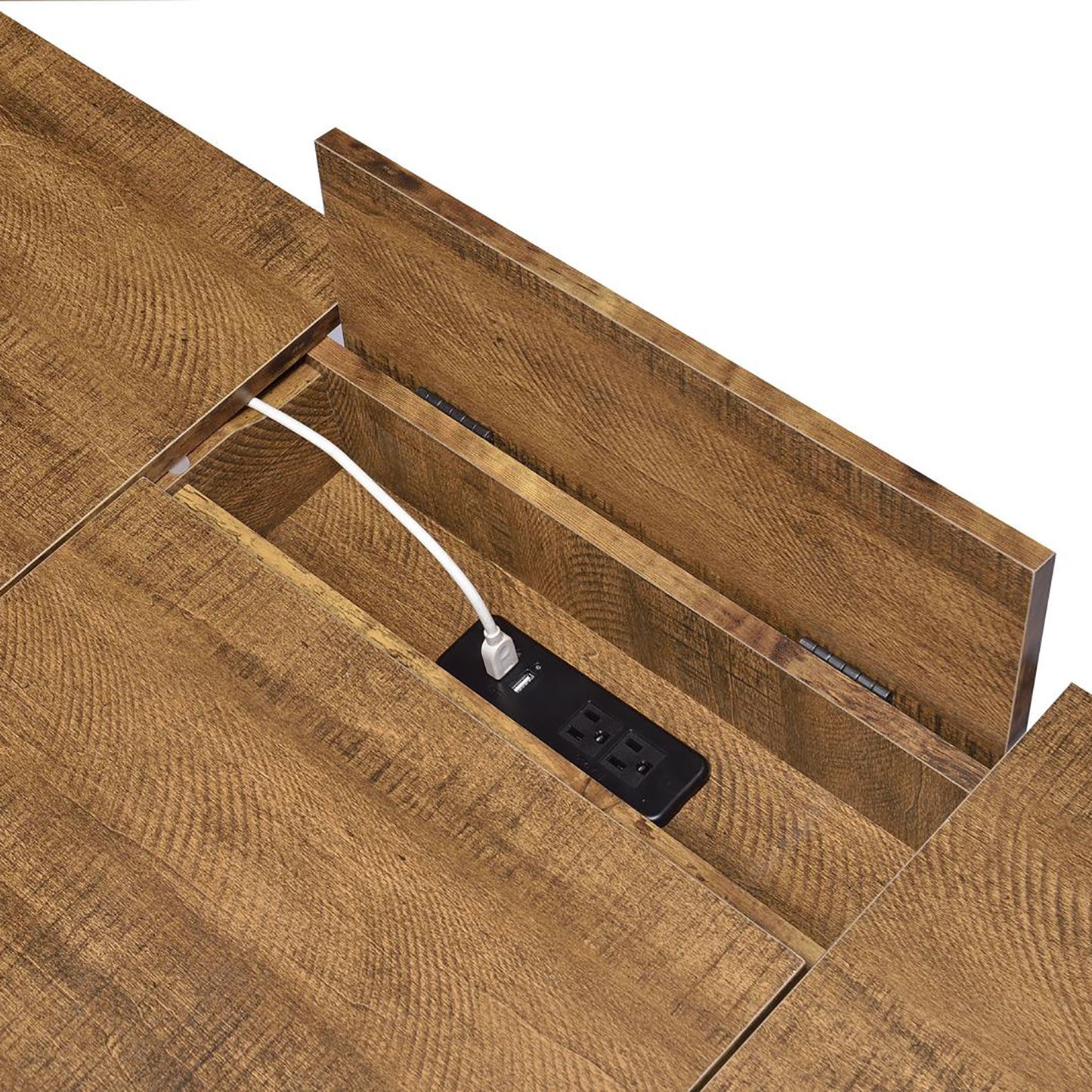 Rustic wood desk with integrated power outlet and USB charging port