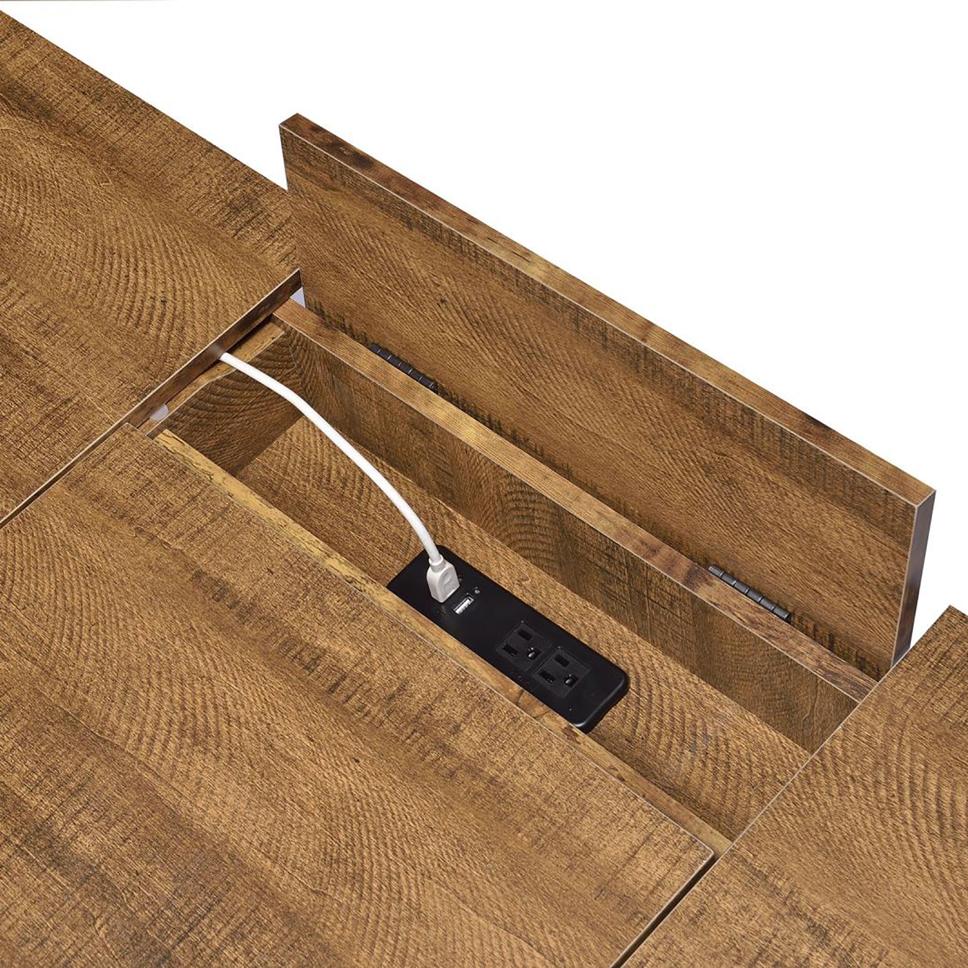 Rustic wood desk with integrated power outlet and USB charging port