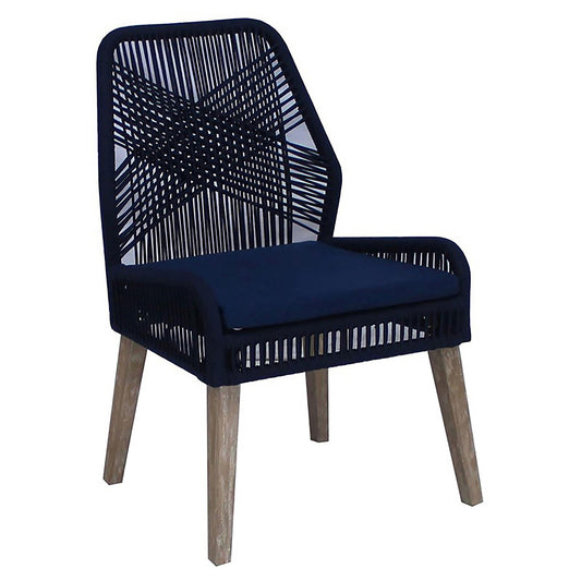 Dark blue woven outdoor chair with natural wood legs and cushion