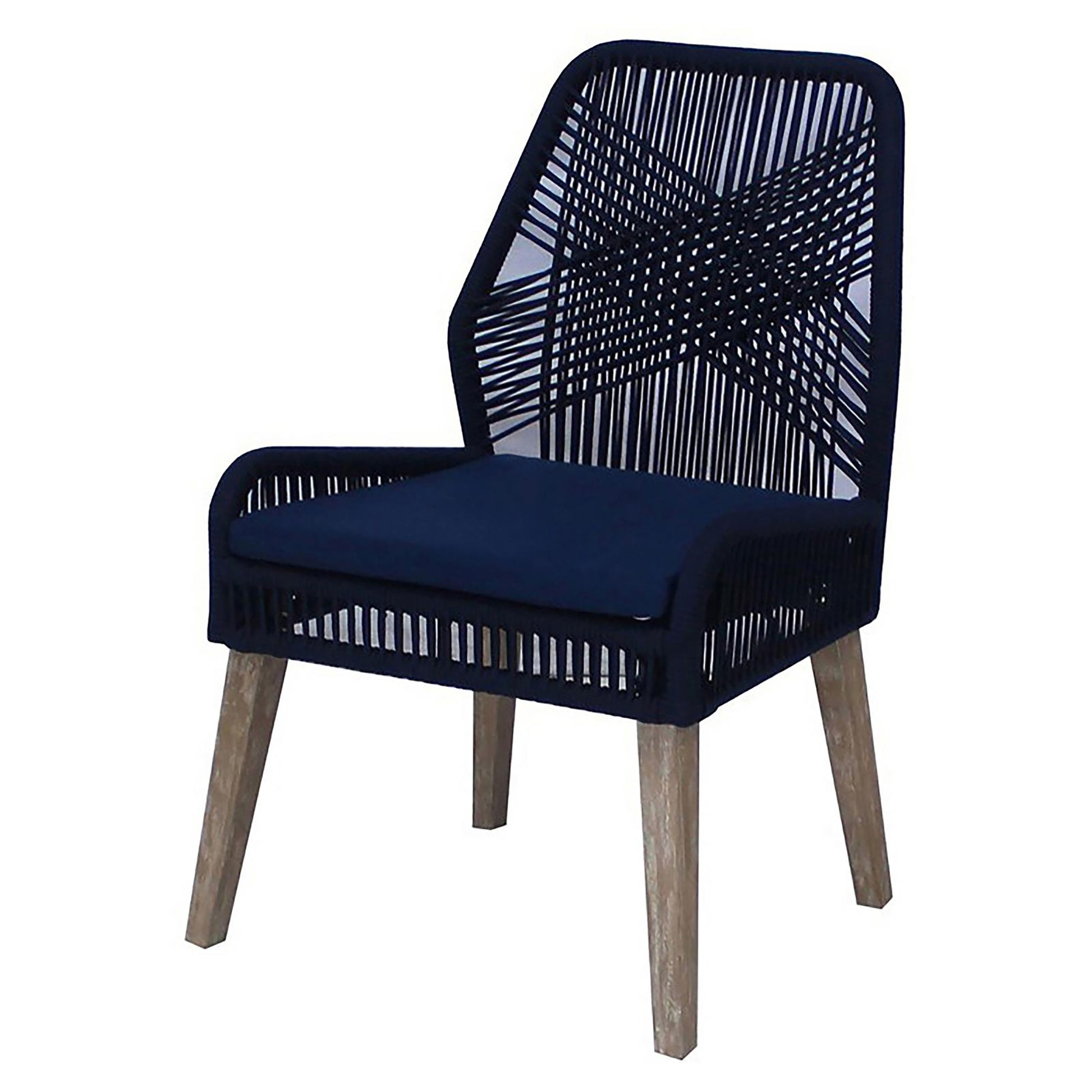 Navy rope dining chair with wooden legs and a comfortable navy cushion
