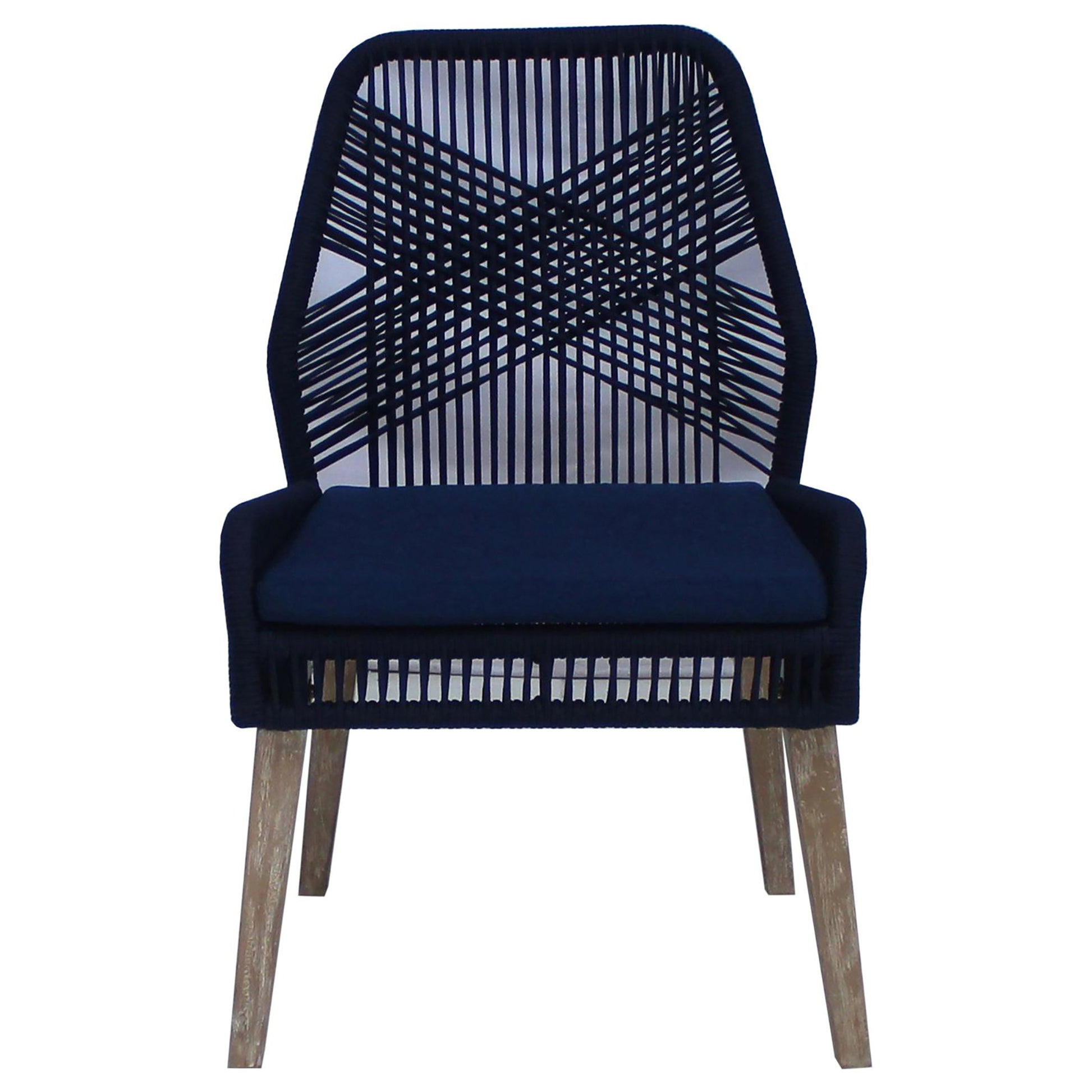 Dark blue woven dining chair with upholstered seat and light wood legs