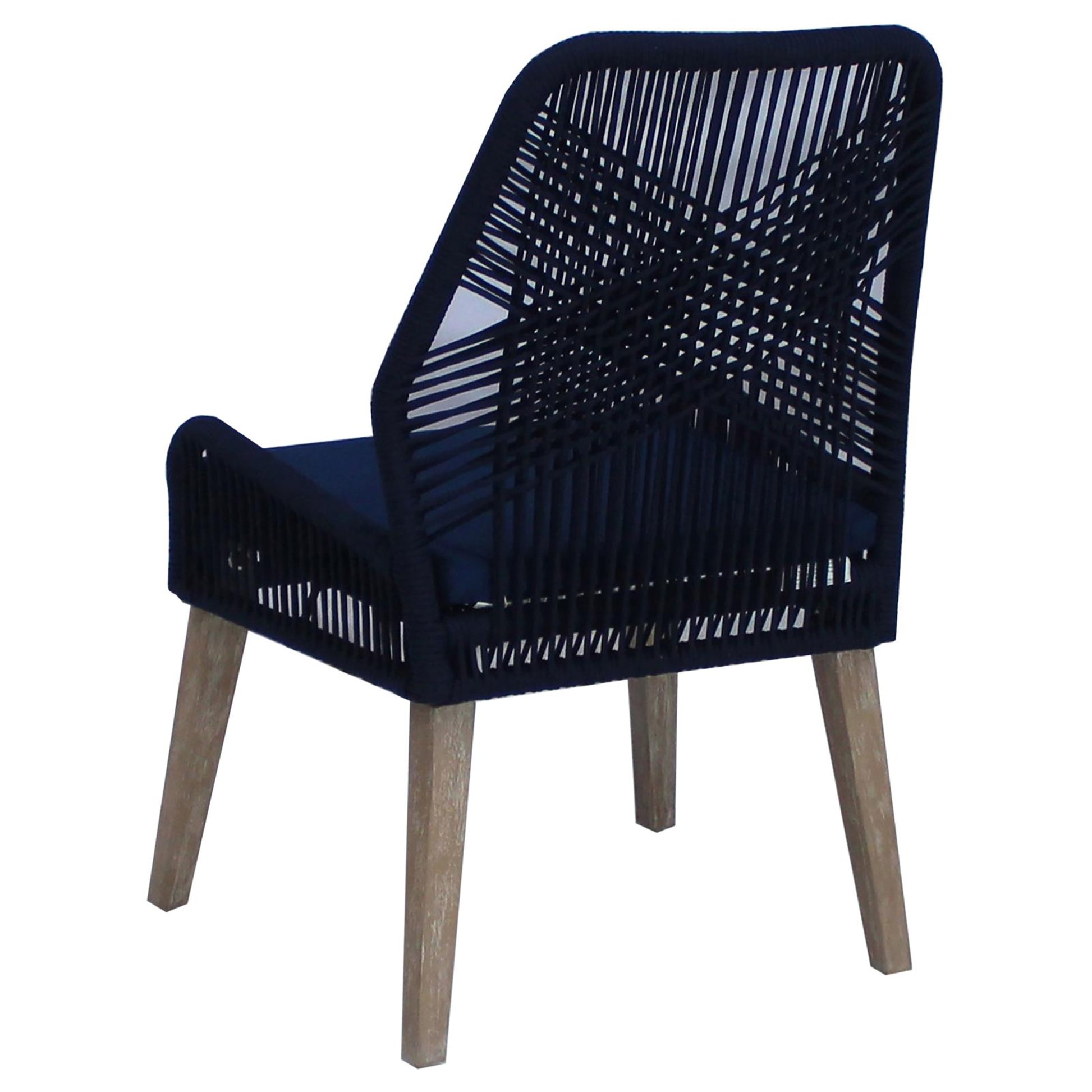Navy rope dining chair with wooden legs and comfortable blue cushion