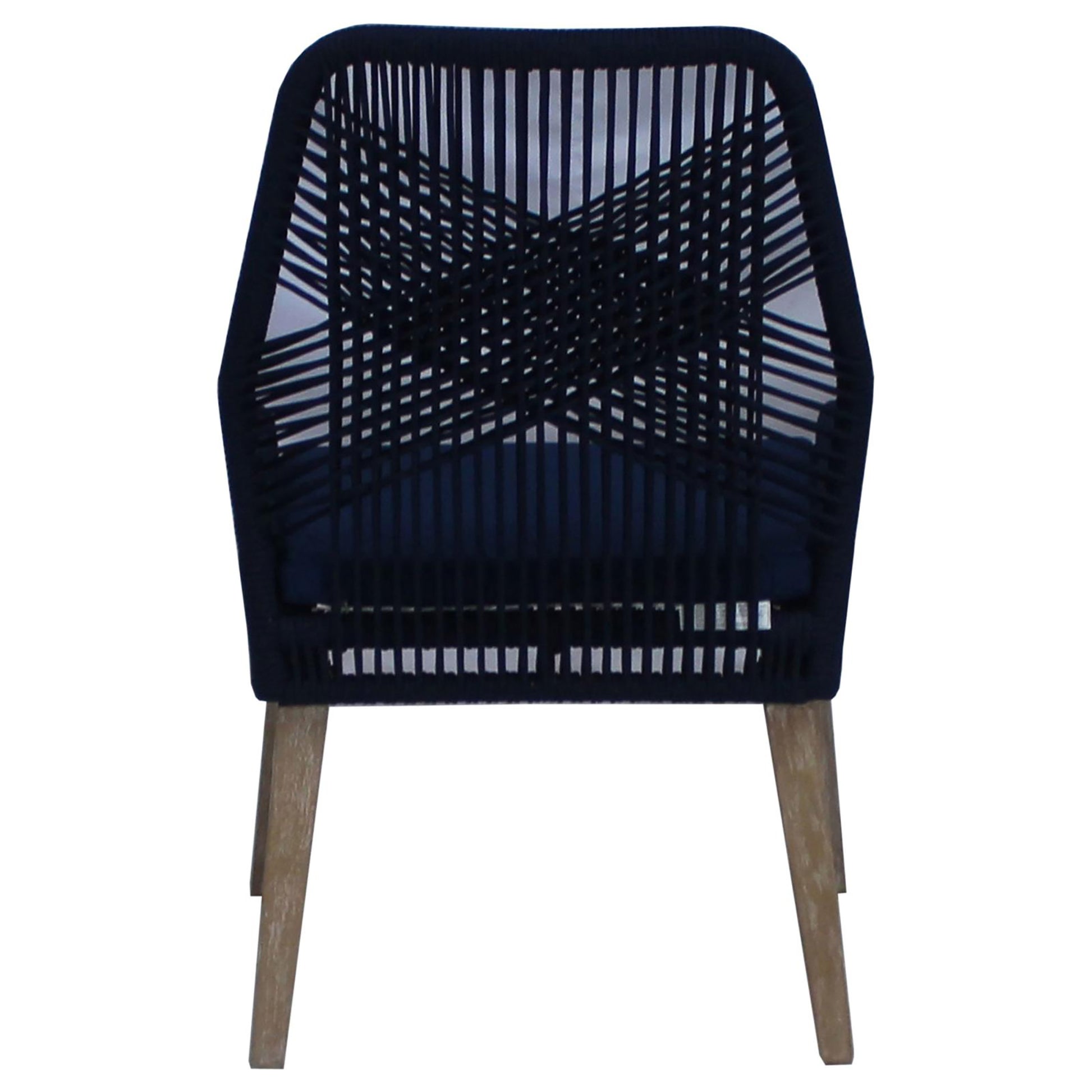 Dark navy woven rope dining chair with natural wood legs and cushion