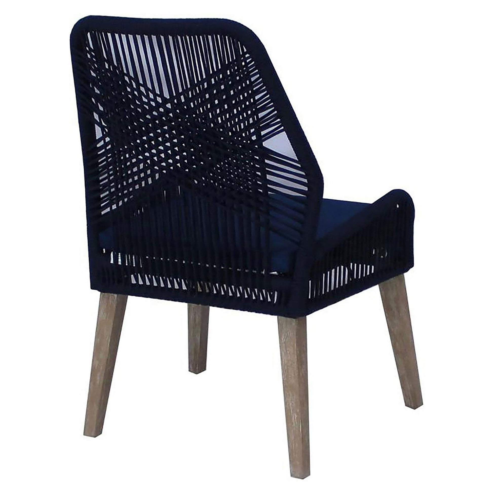 Dark blue rope dining chair with wooden legs and navy cushion for patio seating