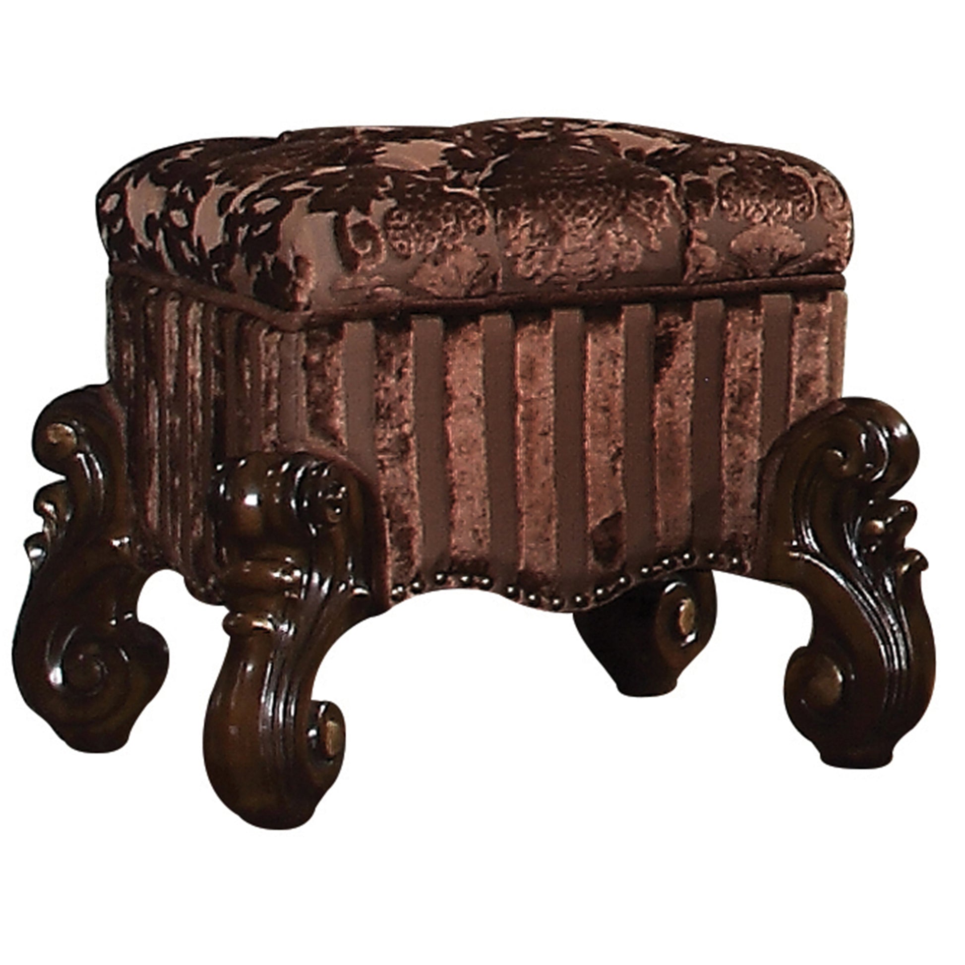 Tufted brown velvet ottoman with ornate carved dark wood legs perfect accent for living rooms
