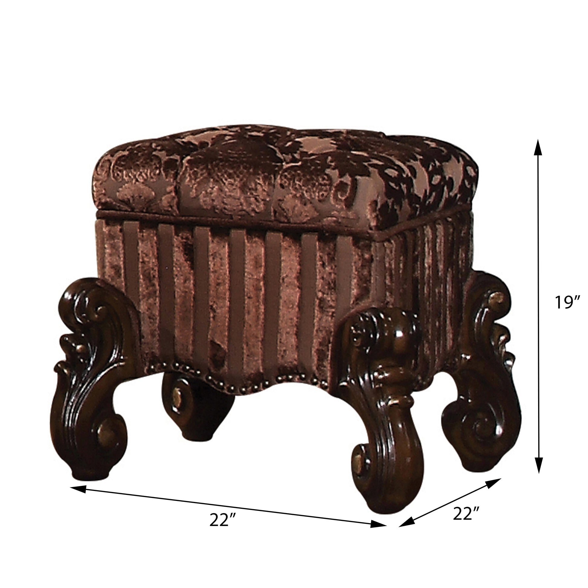 Tufted brown velvet storage ottoman with carved dark wood legs