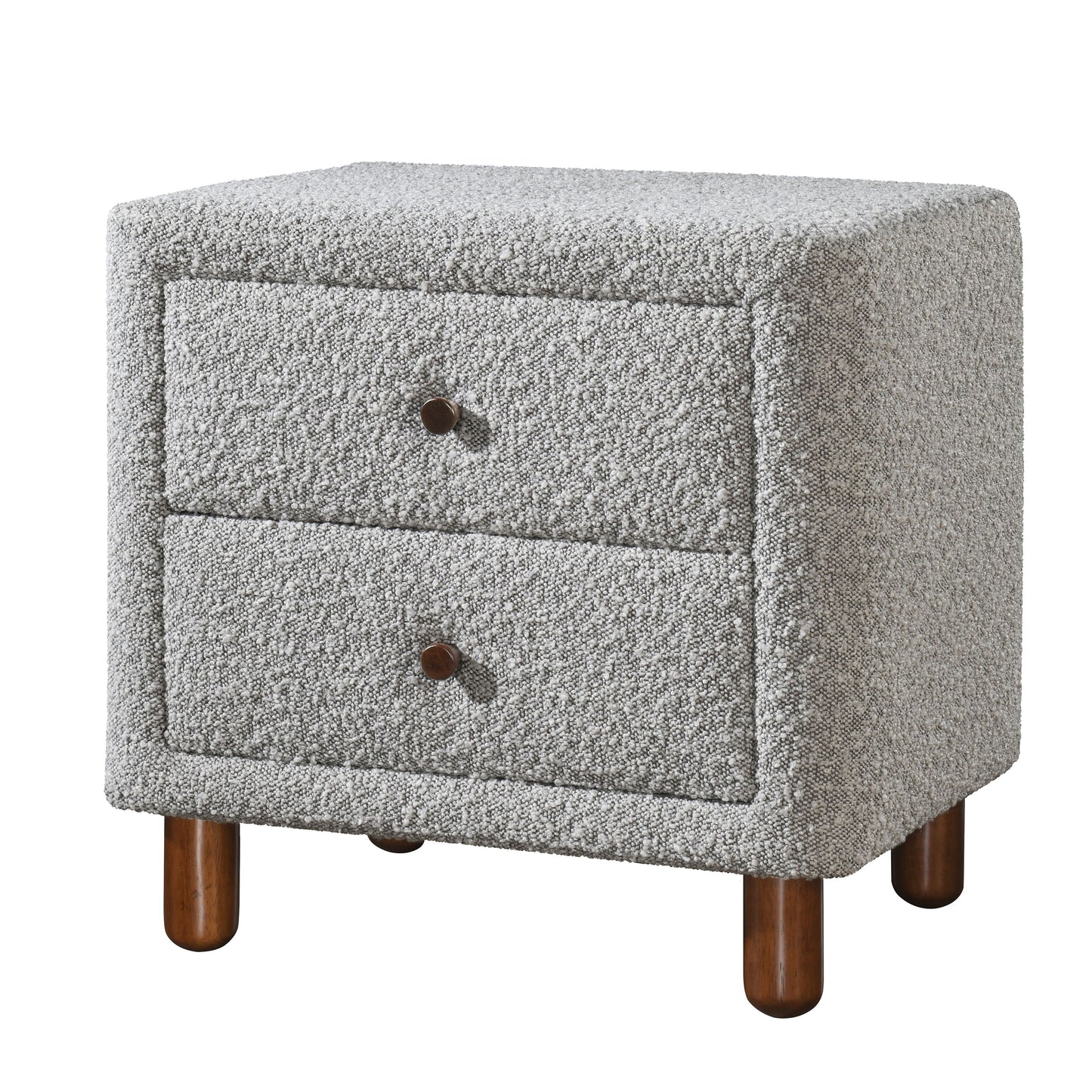 Textured grey boucle fabric nightstand with two drawers and wooden legs
