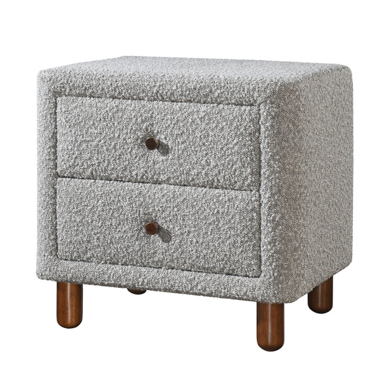 Textured grey boucle fabric nightstand with two drawers and wooden legs