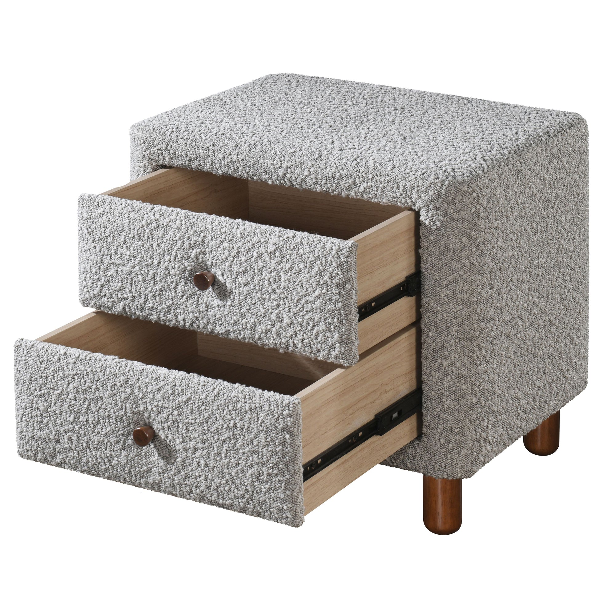 Textured grey fabric nightstand with two open wooden drawers and dark wooden legs
