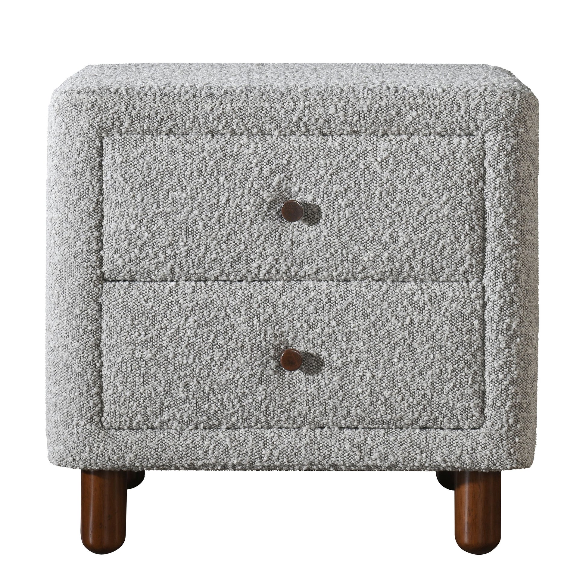 Textured grey fabric nightstand with two drawers and wood legs