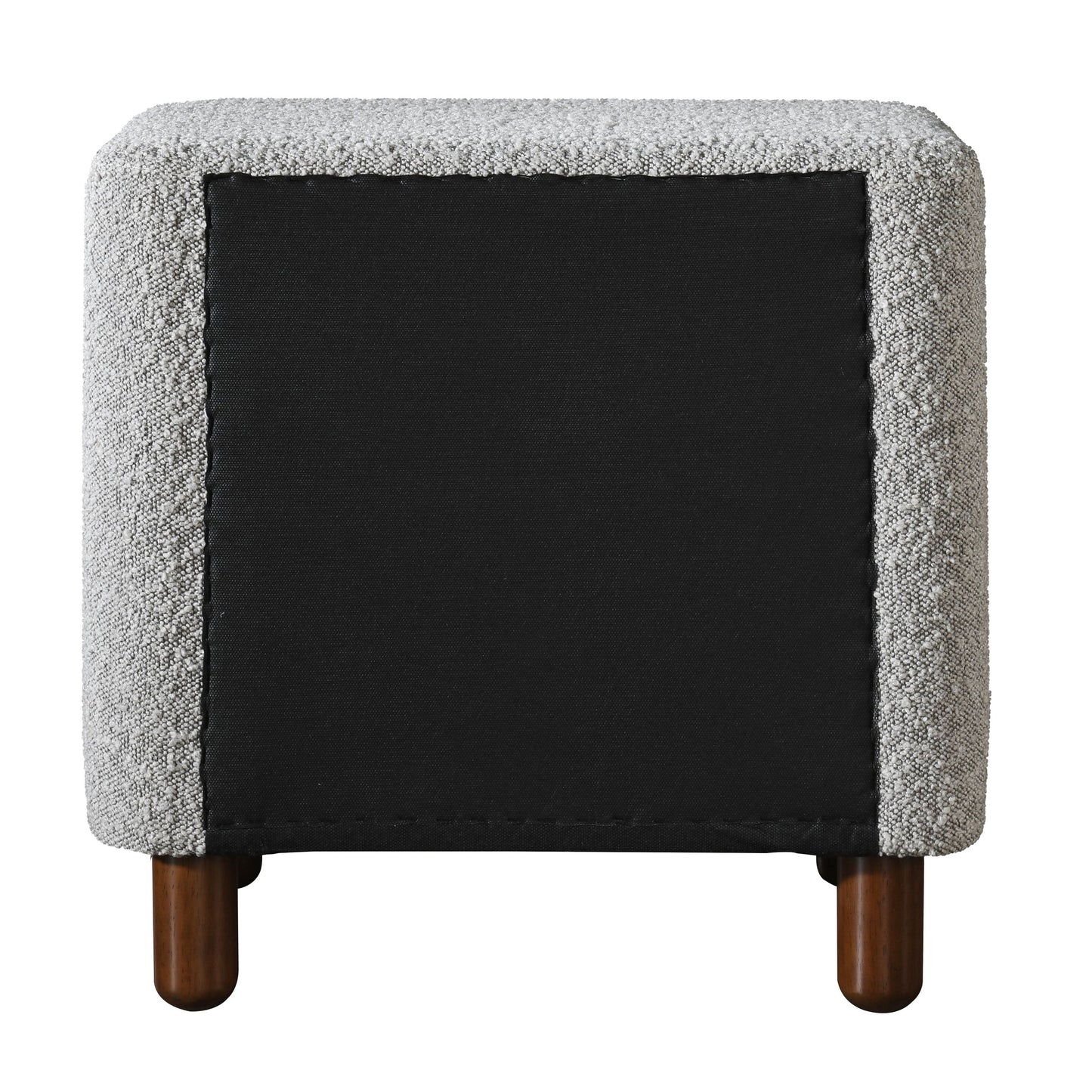 Textured gray upholstered ottoman with dark wood legs