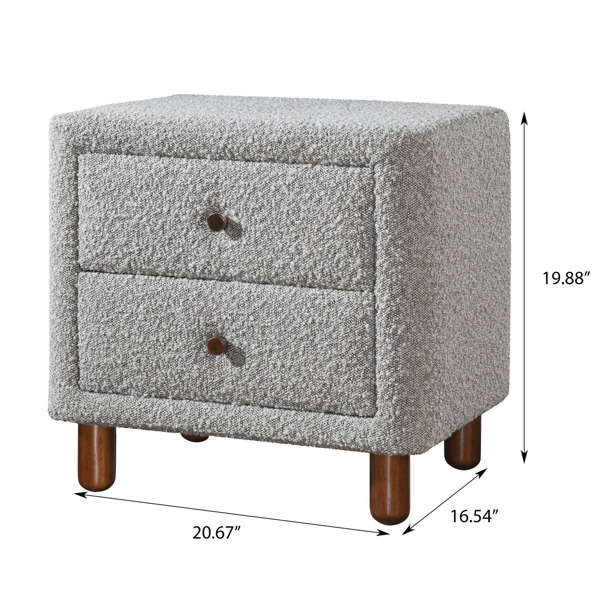 Textured grey fabric nightstand with two drawers and wooden legs