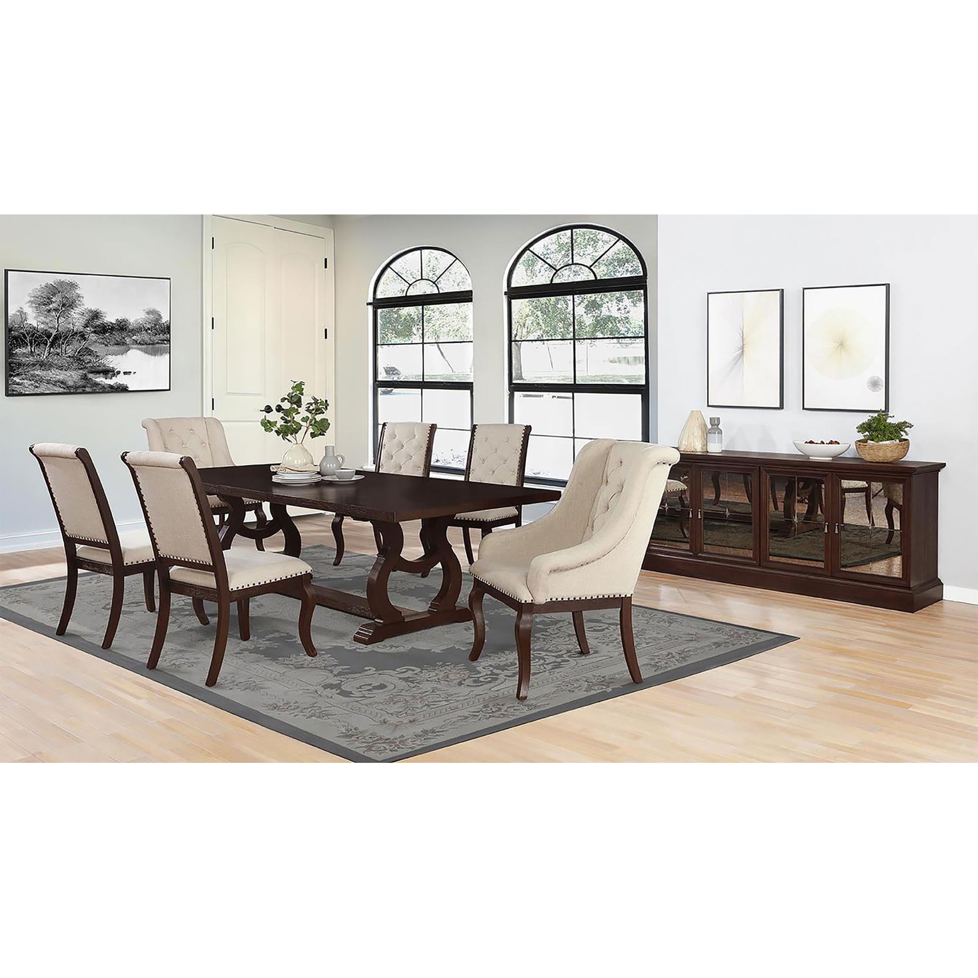 Dark mahogany wood dining table with carved legs and six upholstered chairs