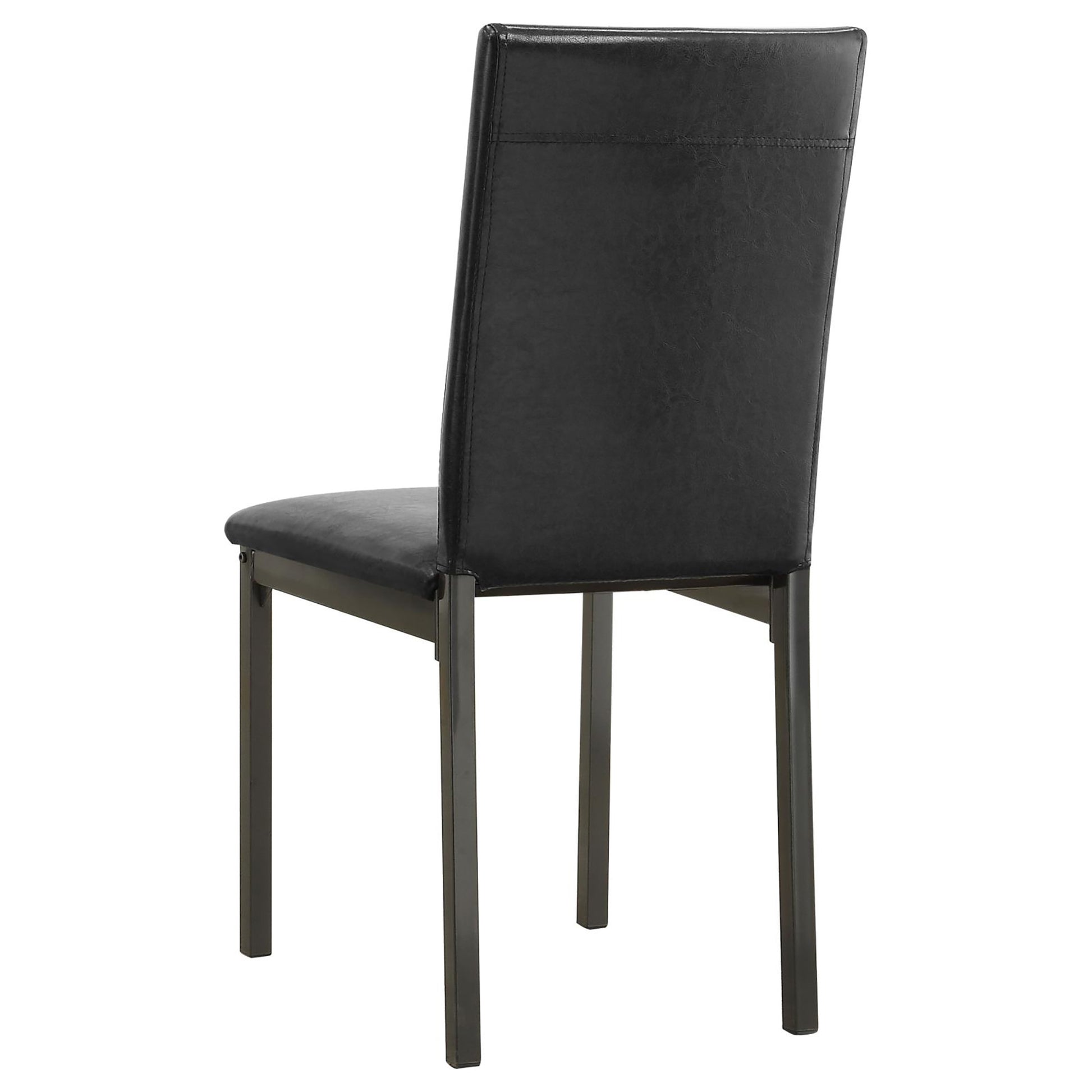 Black faux leather dining chair with stitched backrest and metal legs