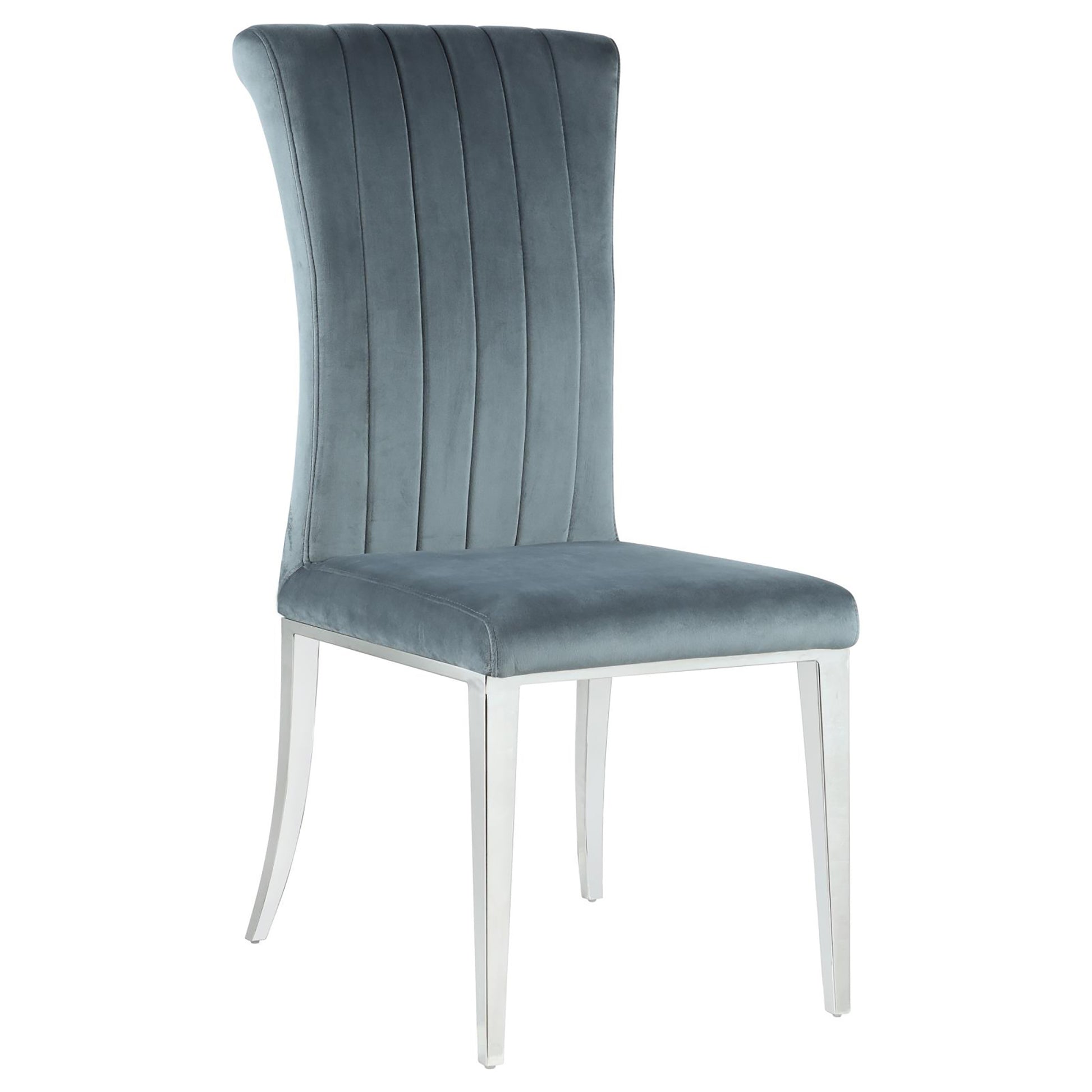 Grey velvet dining chair with fluted back and chrome legs