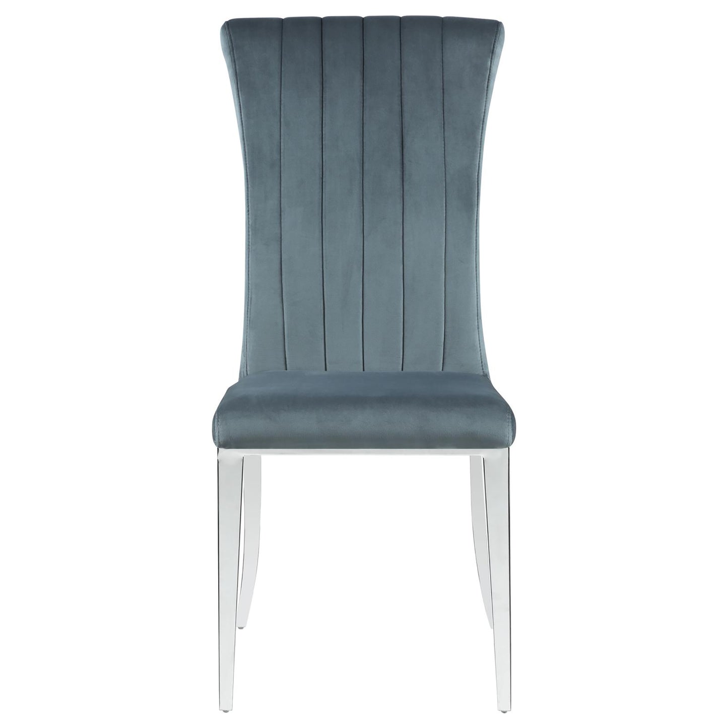 Grey velvet dining chair with vertical channel tufting and polished metal legs