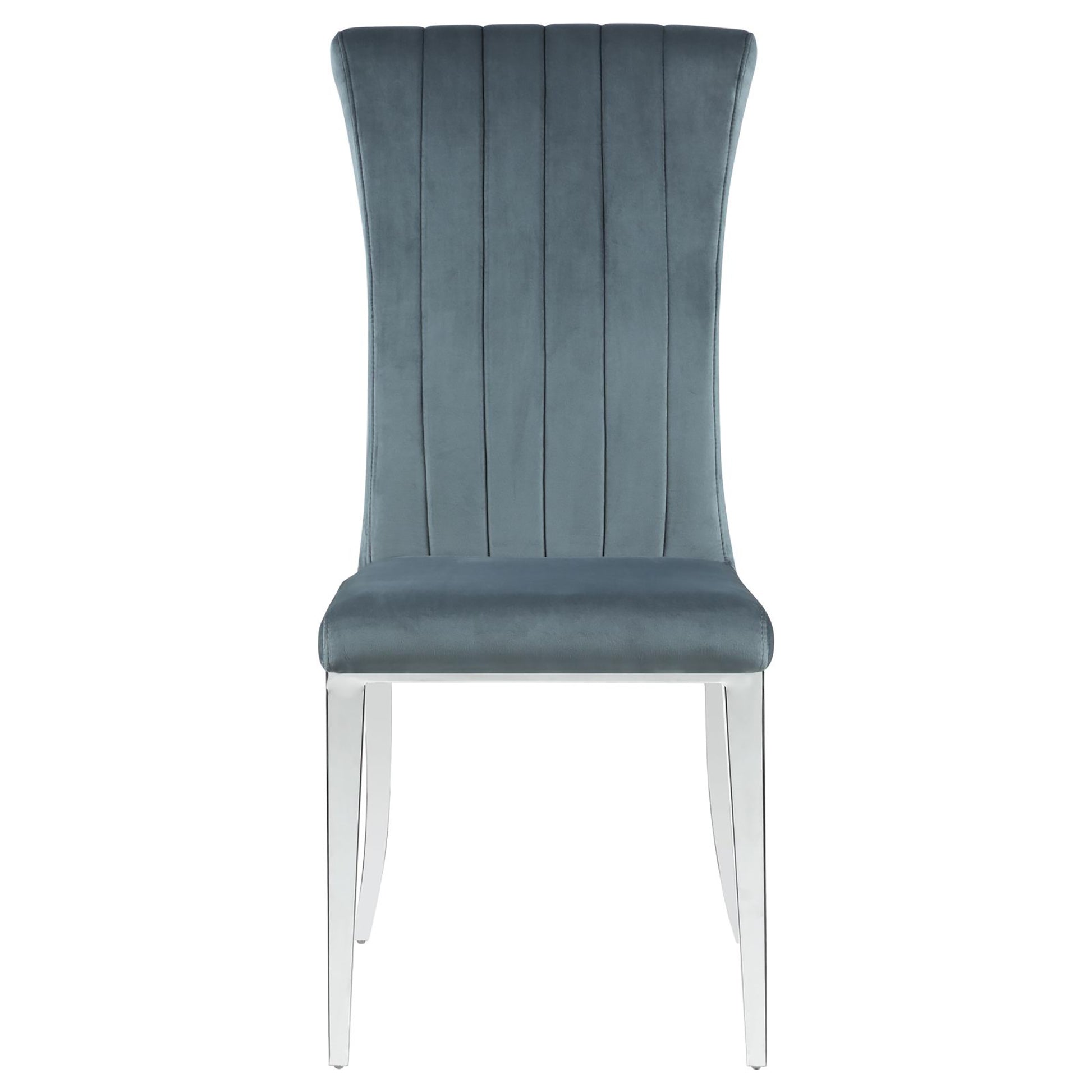 Grey velvet dining chair with vertical channel tufting and polished metal legs