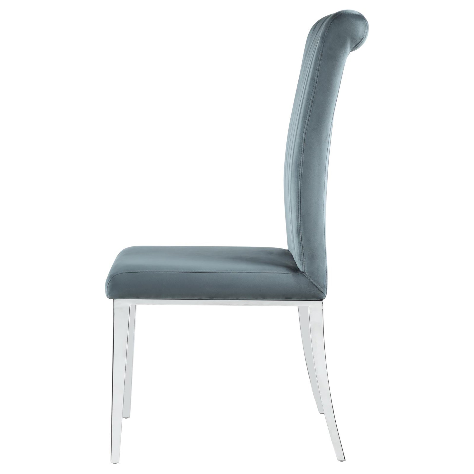 Grey velvet dining chair with chrome legs and vertical stitching detail