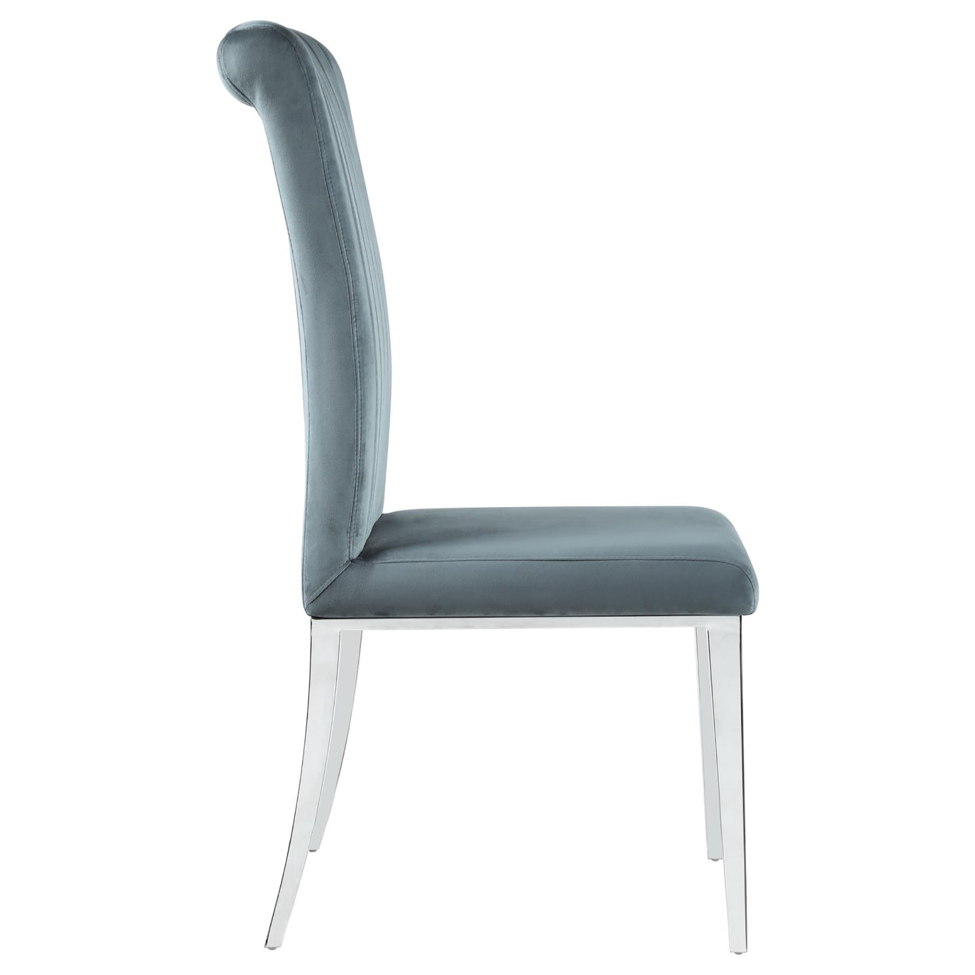 Gray velvet dining chair with elegant curved back and silver legs