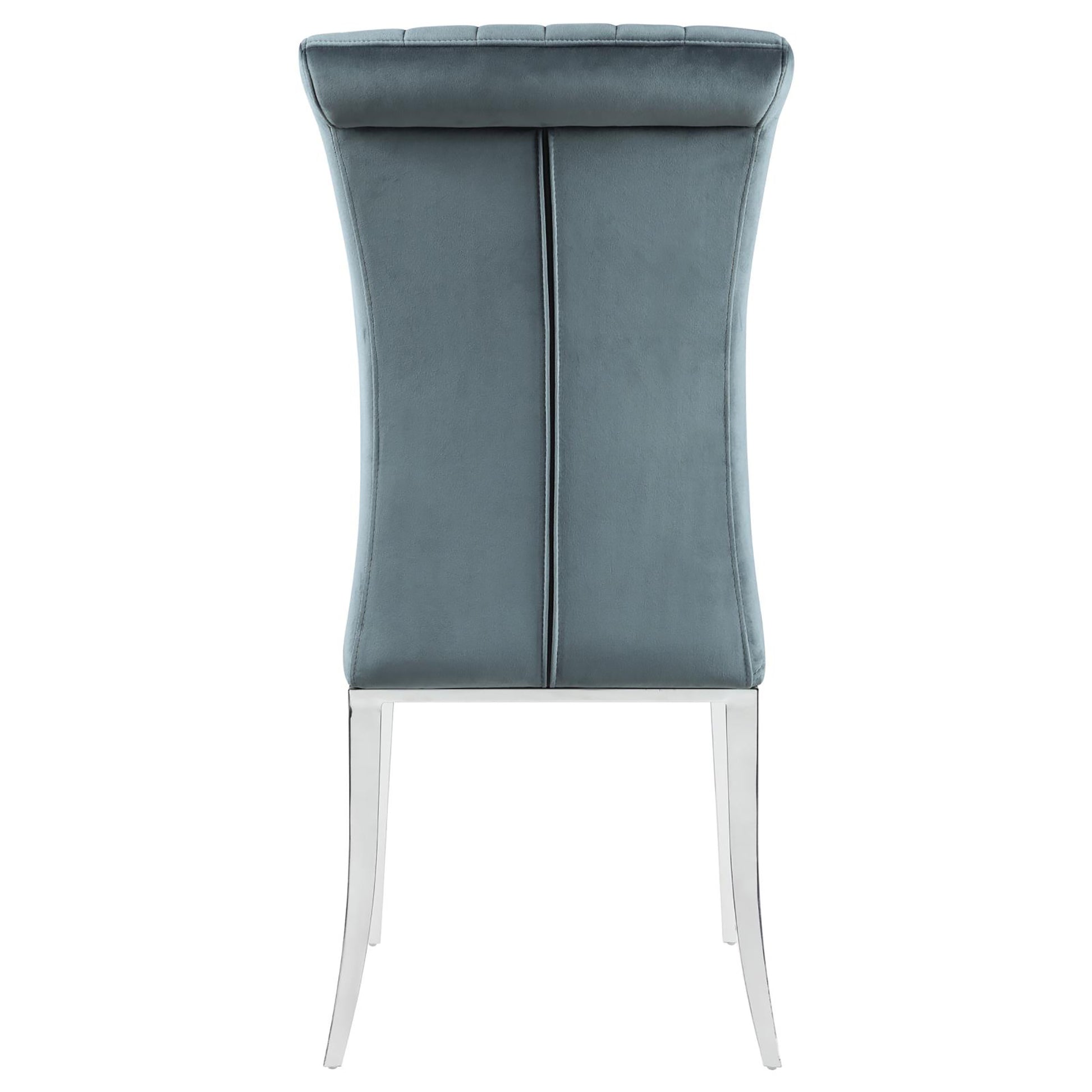 Grey velvet dining chair with tufted back and chrome legs modern style