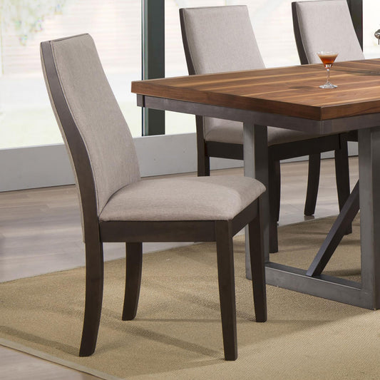 Upholstered dining chair with curved back and dark wood frame
