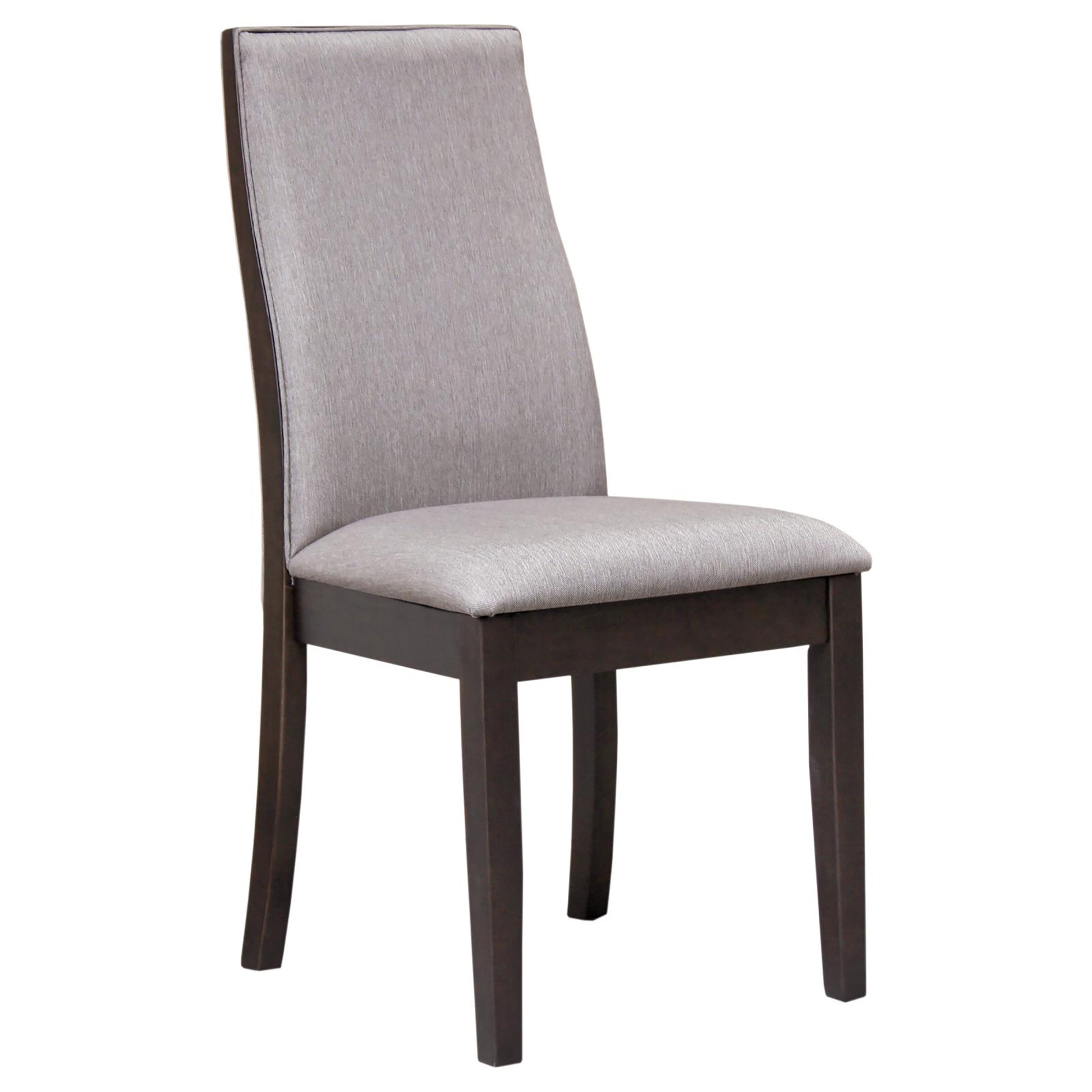 Modern upholstered dining chair with grey fabric seat and back dark wood frame