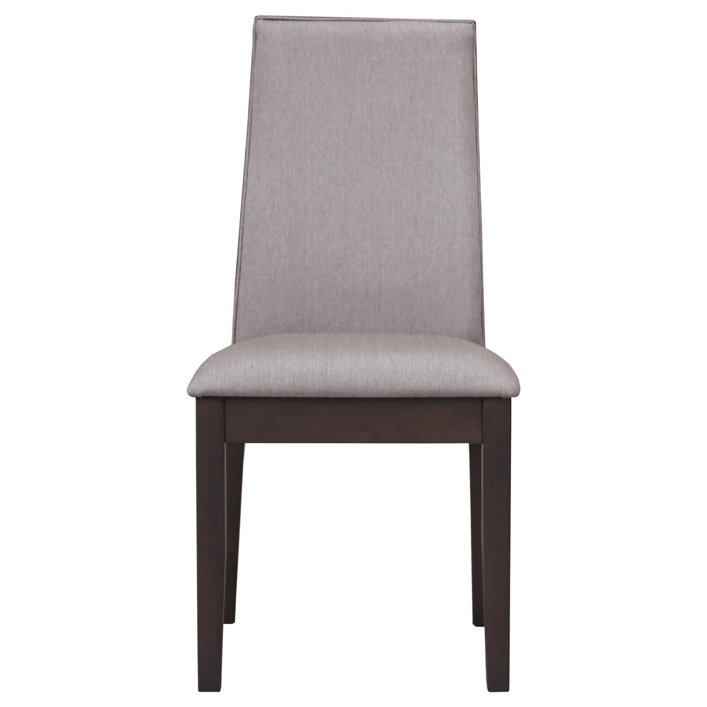 Modern gray upholstered dining chair with dark wood legs perfect for any contemporary home