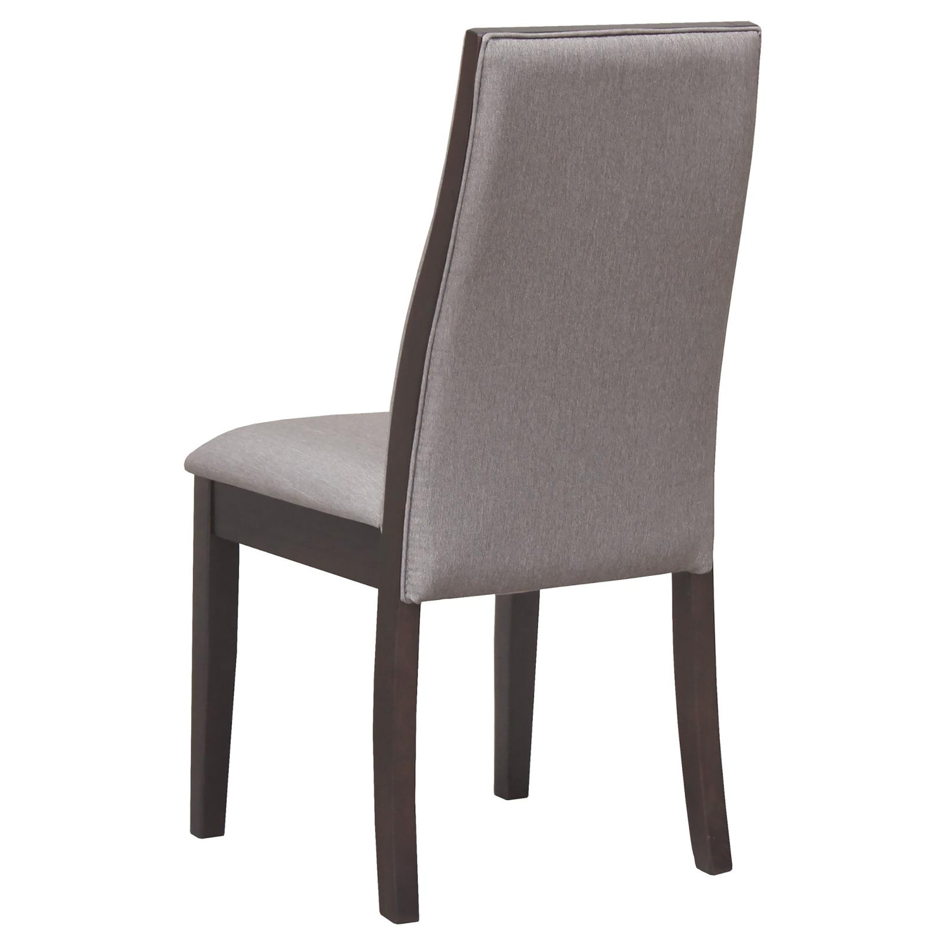 Gray upholstered dining chair with dark wood legs shown from the back