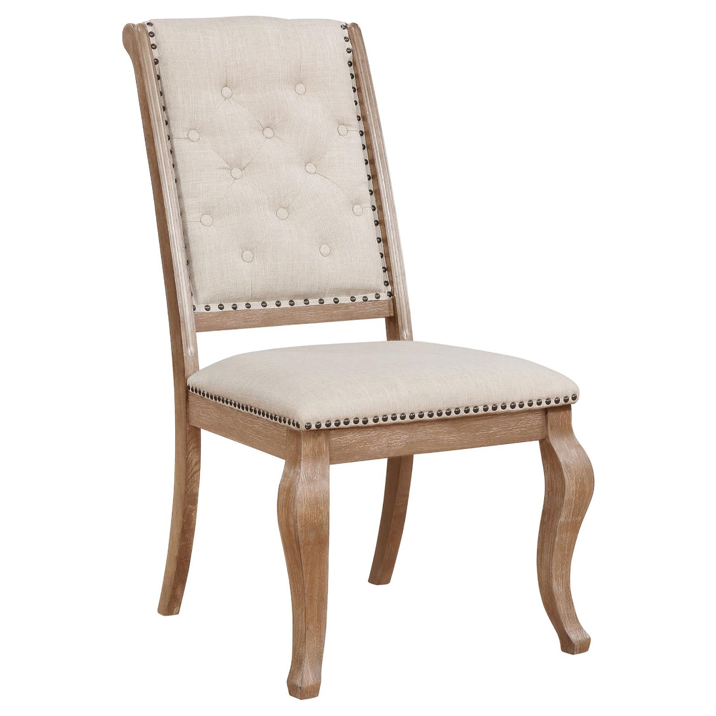 Tufted linen dining chair with weathered oak frame and nailhead trim accent
