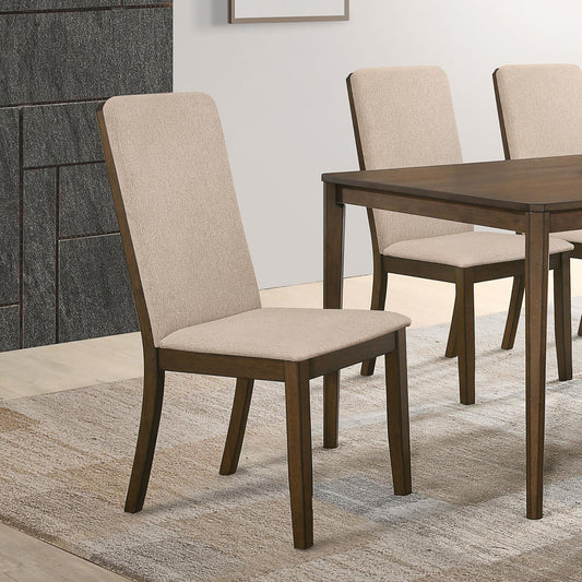 Beige upholstered dining chair with dark wood frame modern design