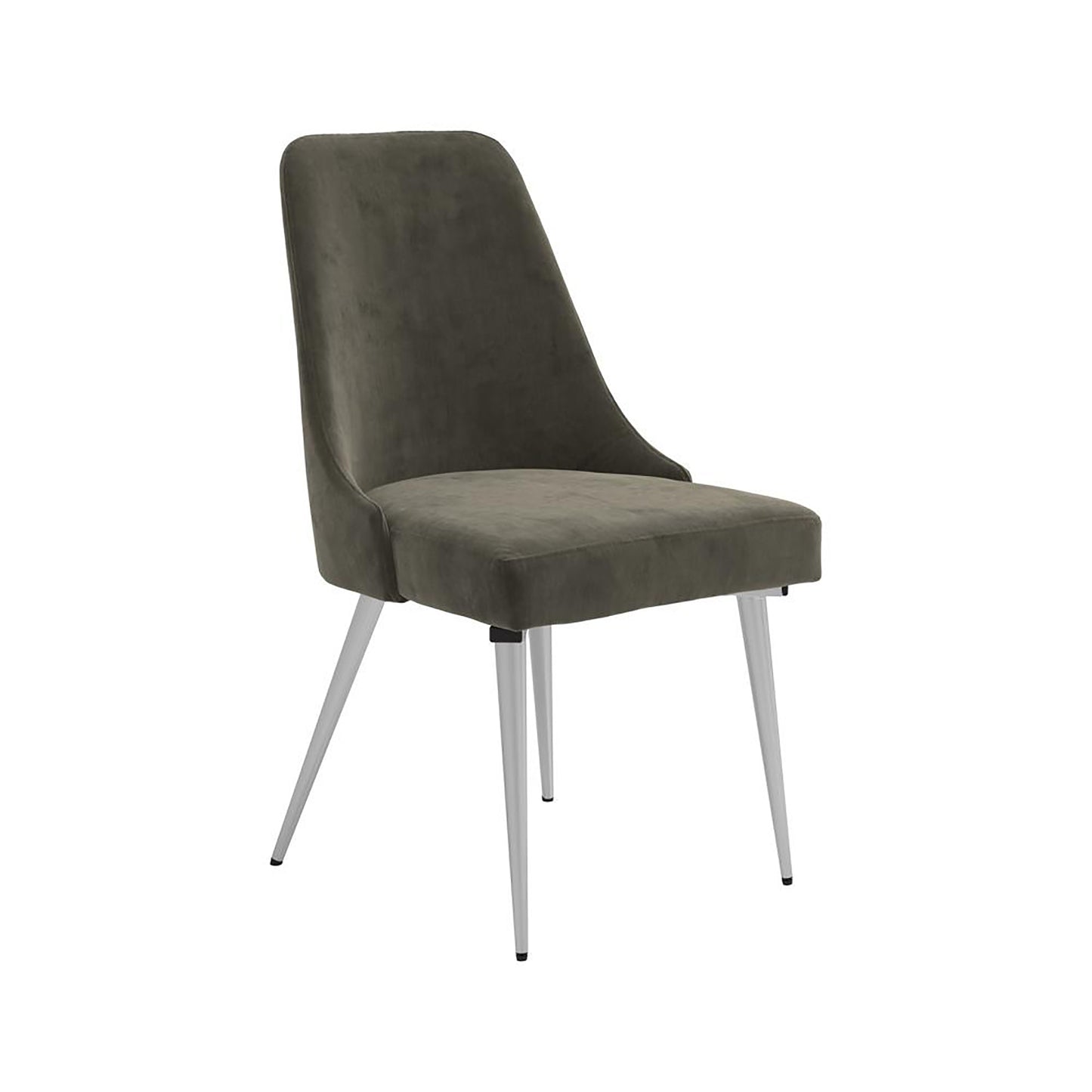 Grey velvet dining chair with sleek silver metal legs perfect for modern kitchens