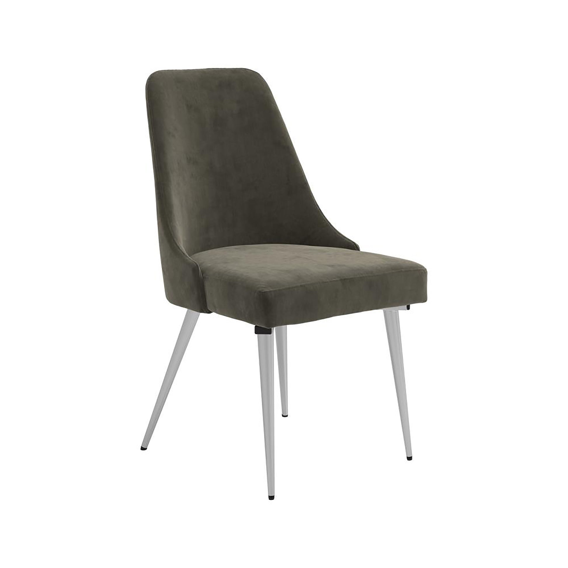 Grey velvet dining chair with sleek silver metal legs perfect for modern kitchens