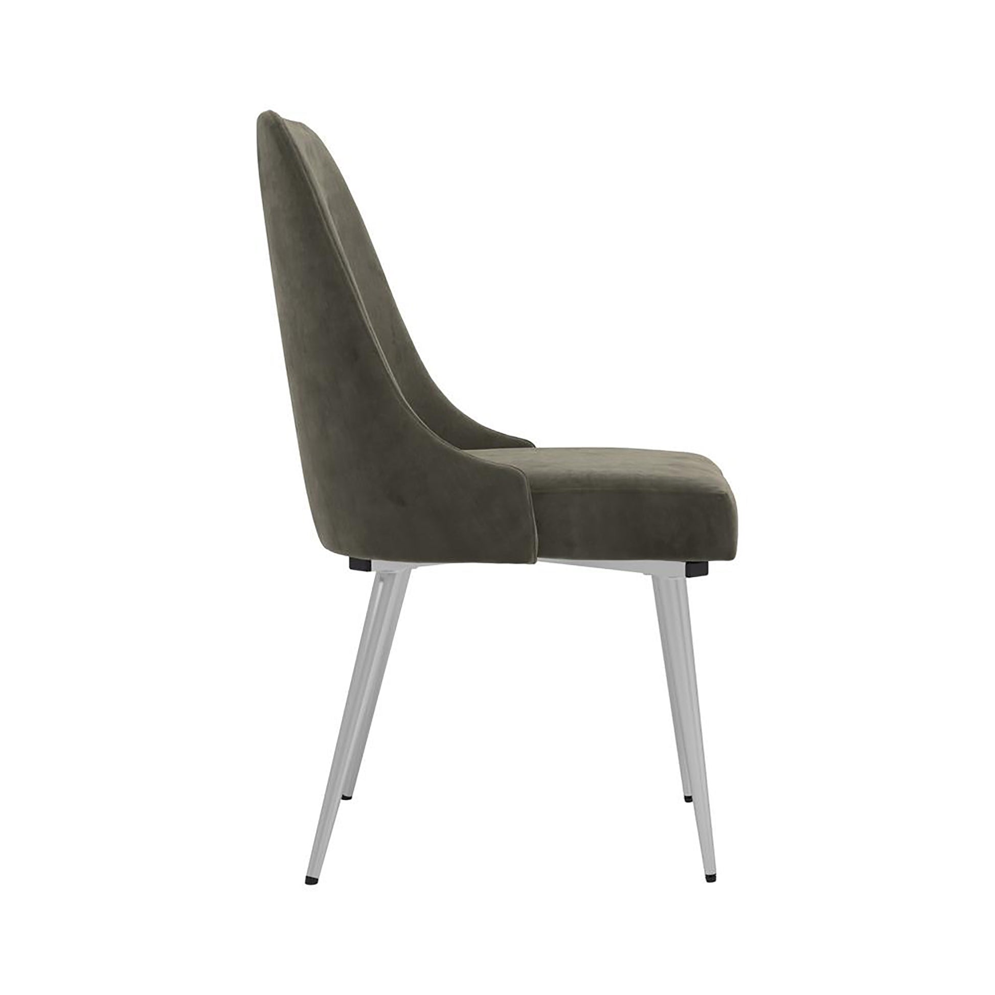 Modern grey velvet dining chair with sleek silver legs ideal for contemporary homes