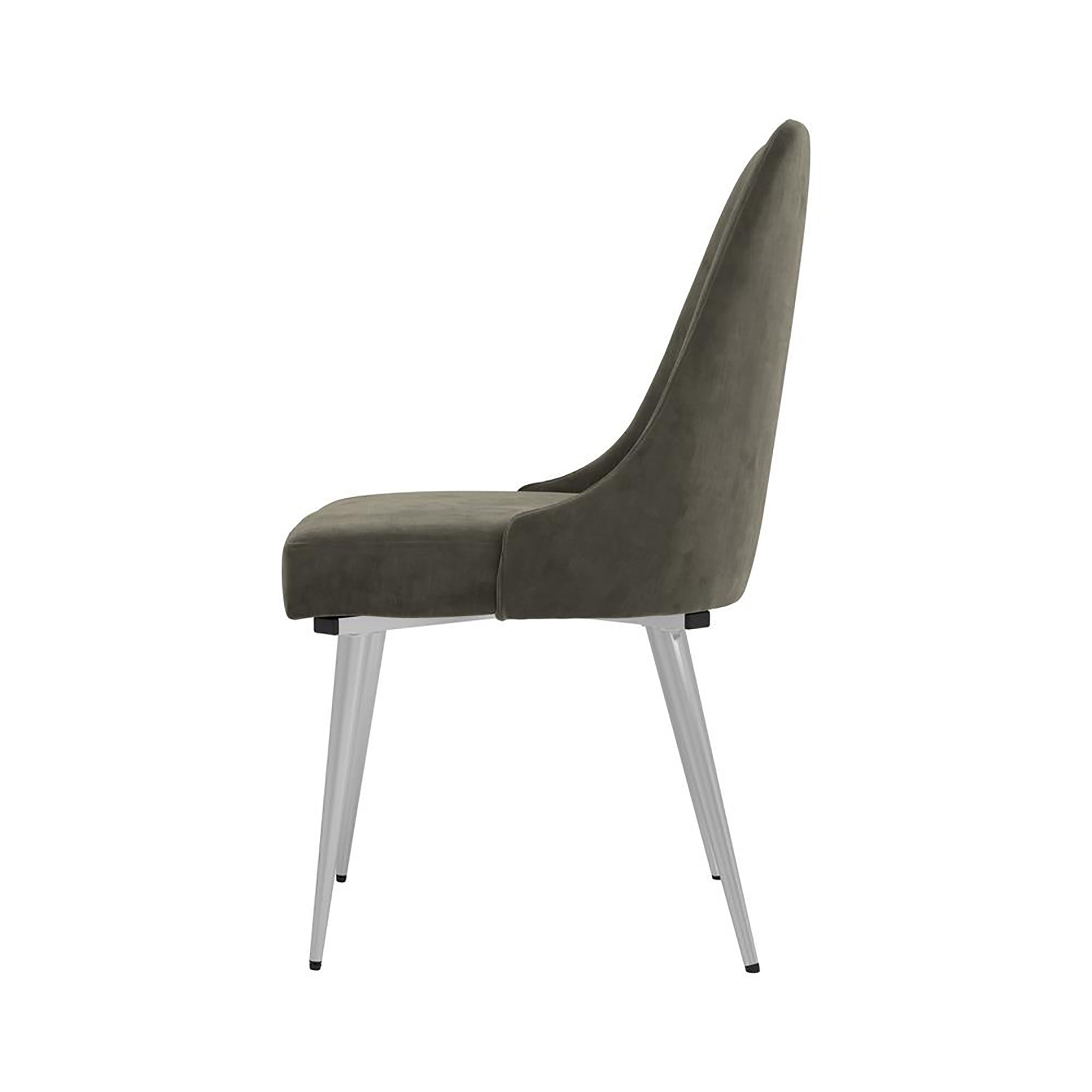 Modern upholstered dining chair in dark grey velvet with sleek silver metal legs