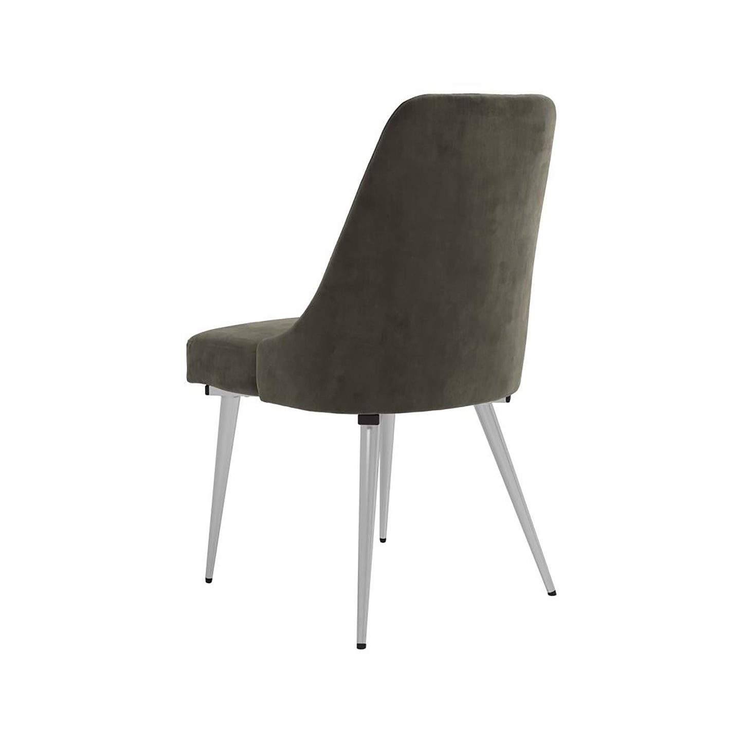 Gray velvet dining chair with sleek silver metal legs offering modern comfort
