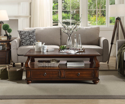 Rich mahogany wood coffee table with two drawers and a lower shelf fitting a classic living room