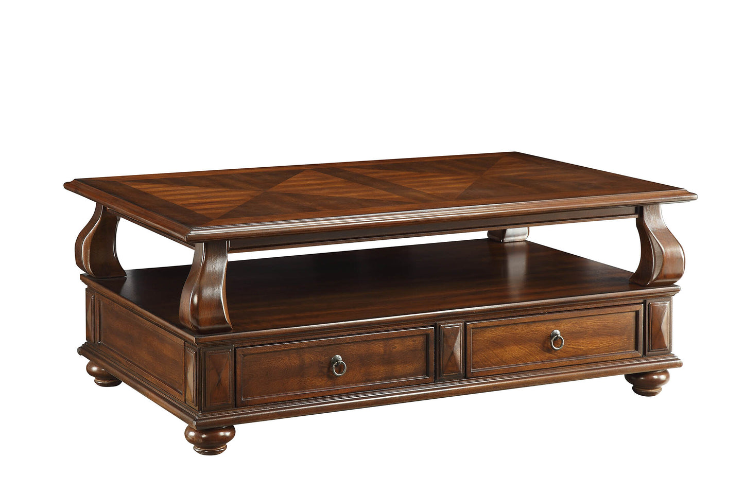Traditional dark wood coffee table with patterned top and two drawers