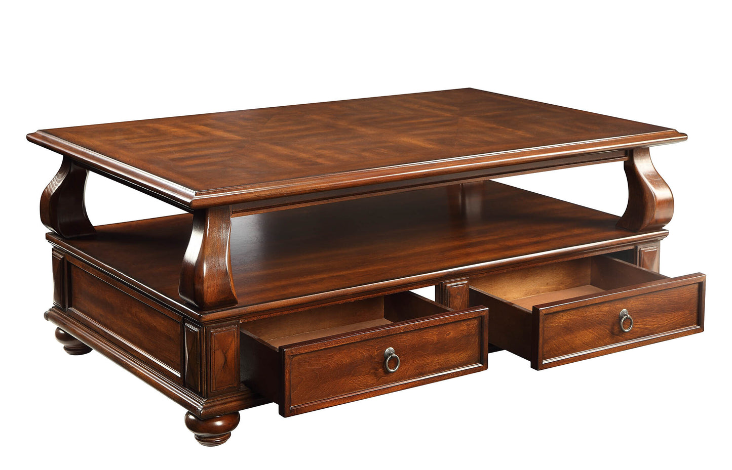 Traditional dark cherry wood coffee table with two drawers and decorative carved legs